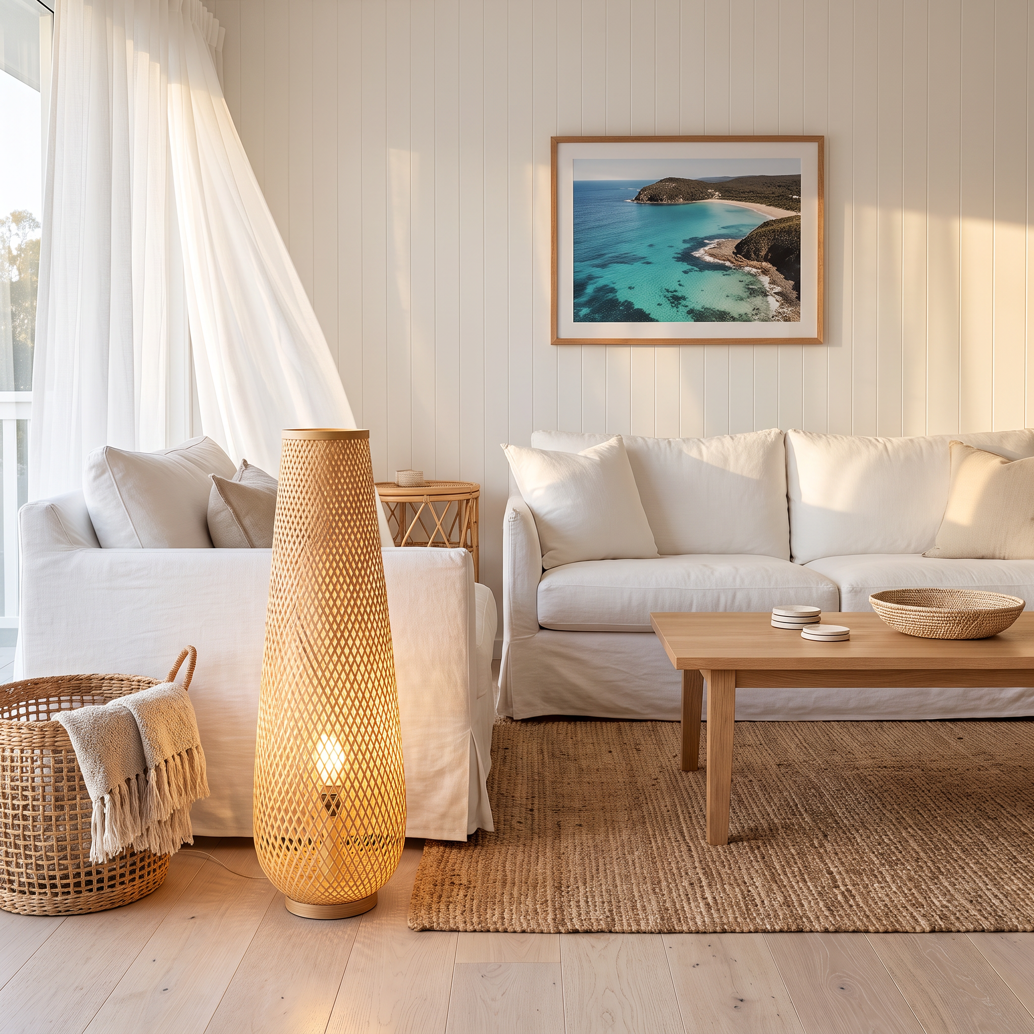 Gibbo bamboo floor lamp in a bright coastal beach house living room
