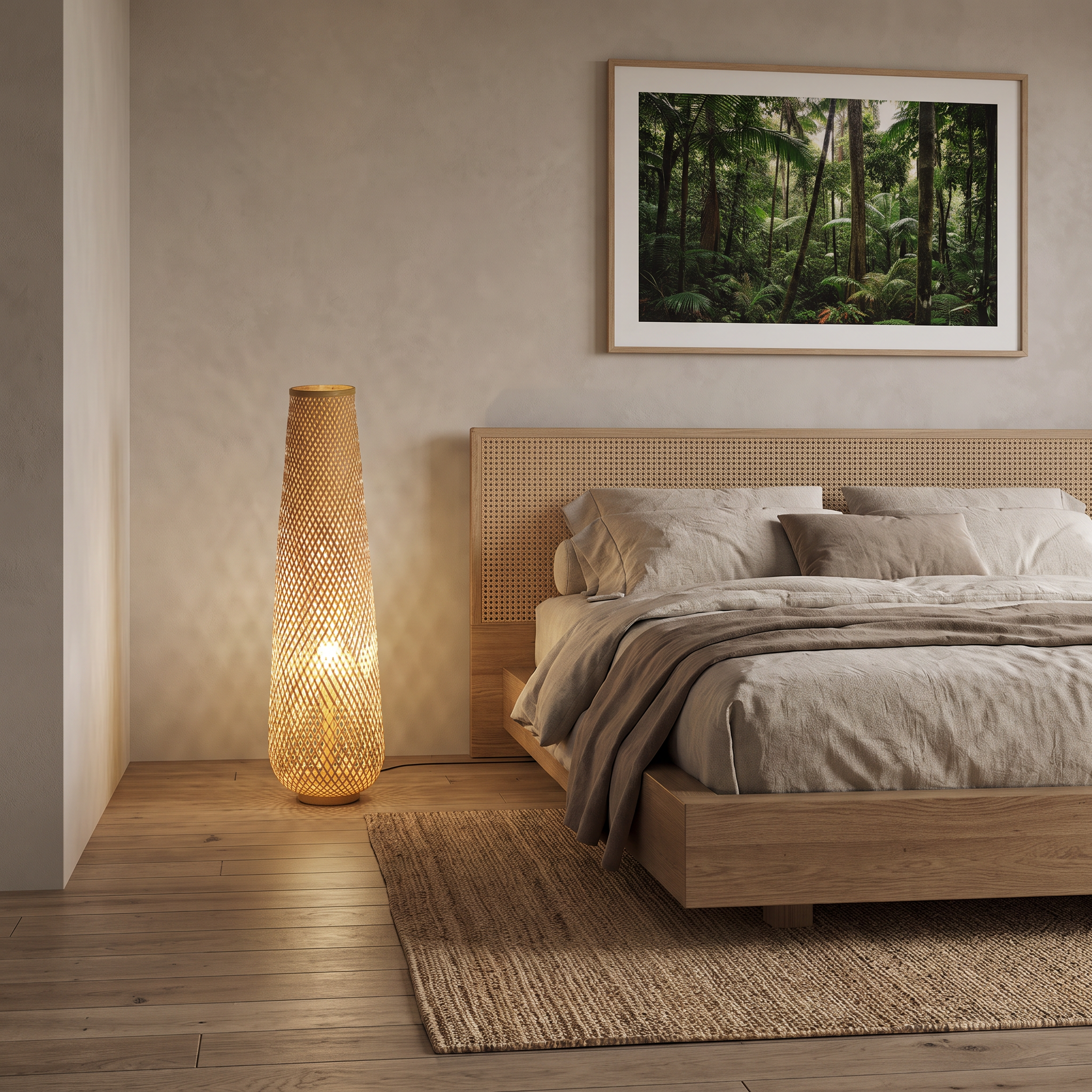 Gibbo bamboo woven floor lamp beside an oak bed in a warm Japandi bedroom