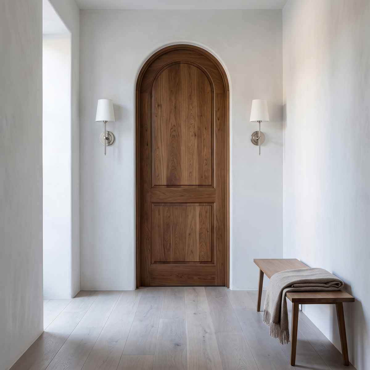 Pair of Gini nickel wall sconces flanking an arched timber door