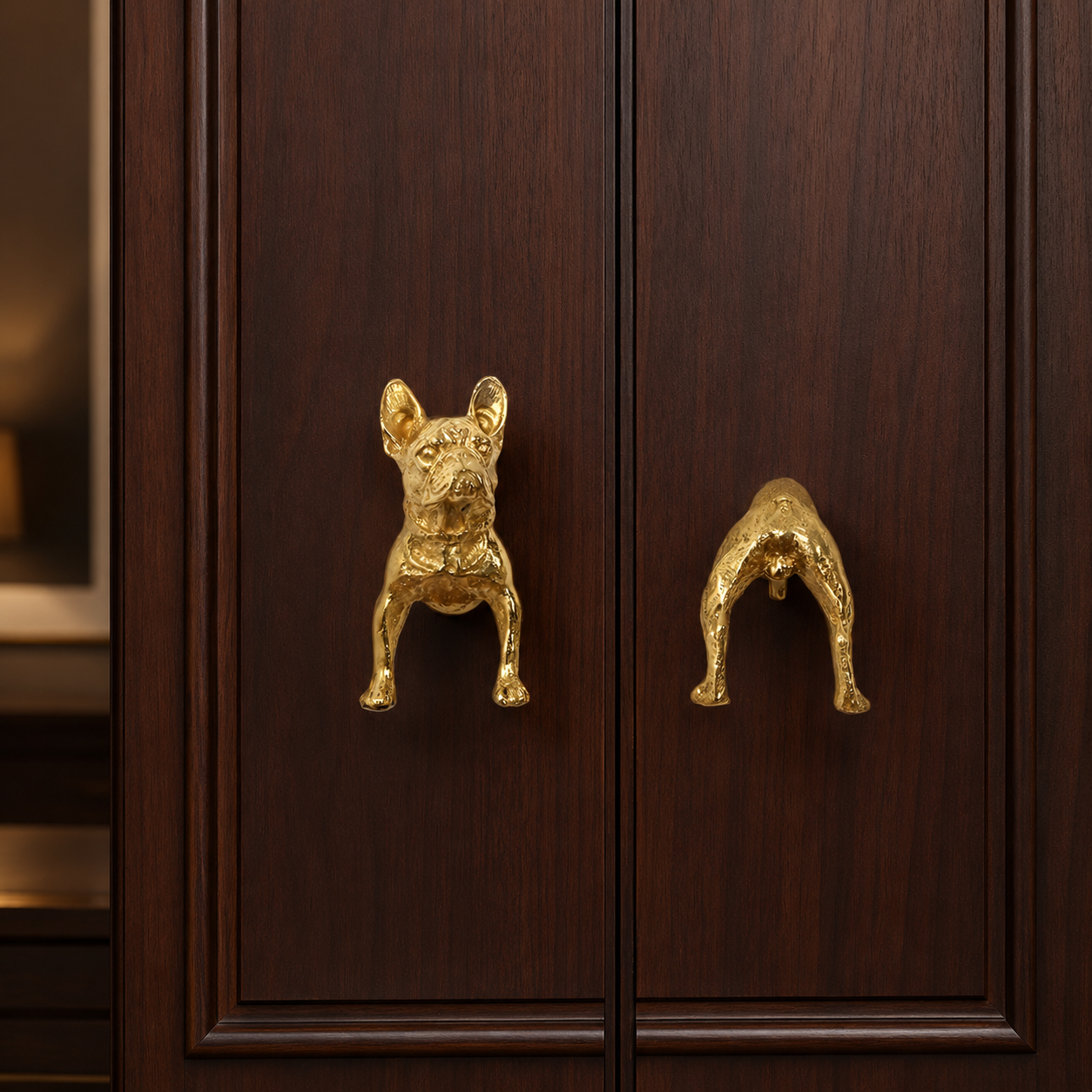 Glauco Brass Dog Cabinet Handle featuring a dog head design in polished brass