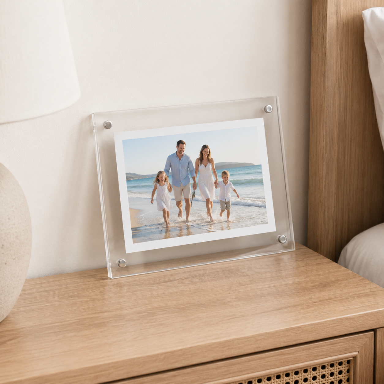Glow Digital Photo Frame displayed on a shelf playing a photo slideshow