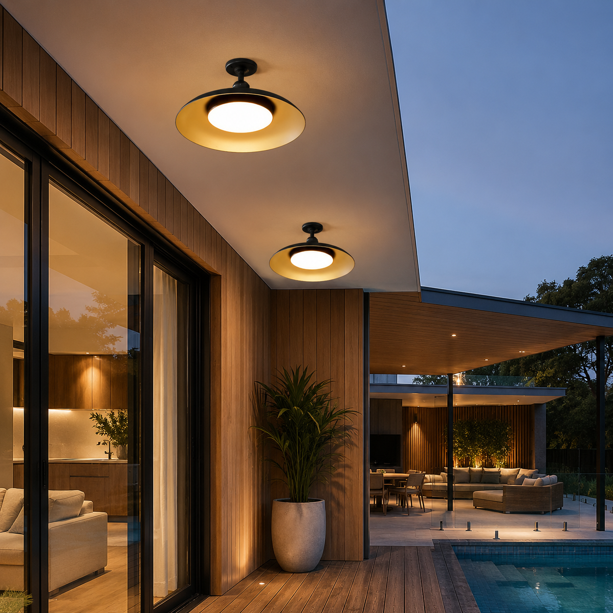 Gnarloo Outdoor Ceiling Light in the 24cm size mounted on a porch ceiling