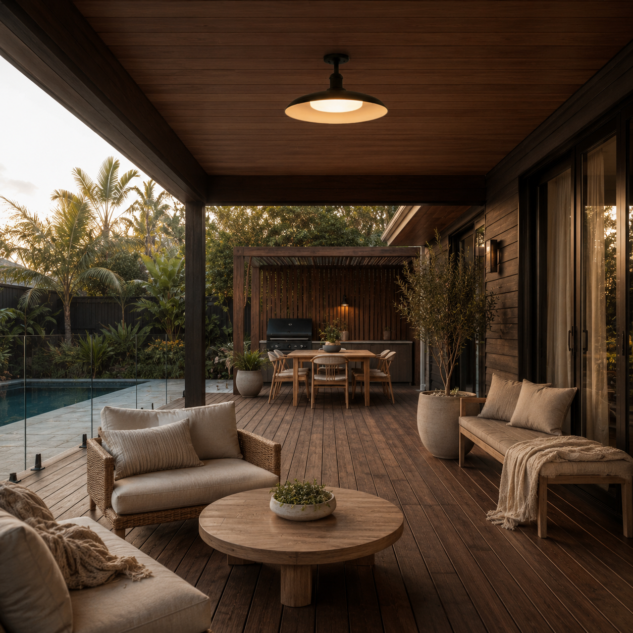 Gnarloo Outdoor Ceiling Light in the 29cm size illuminated at night