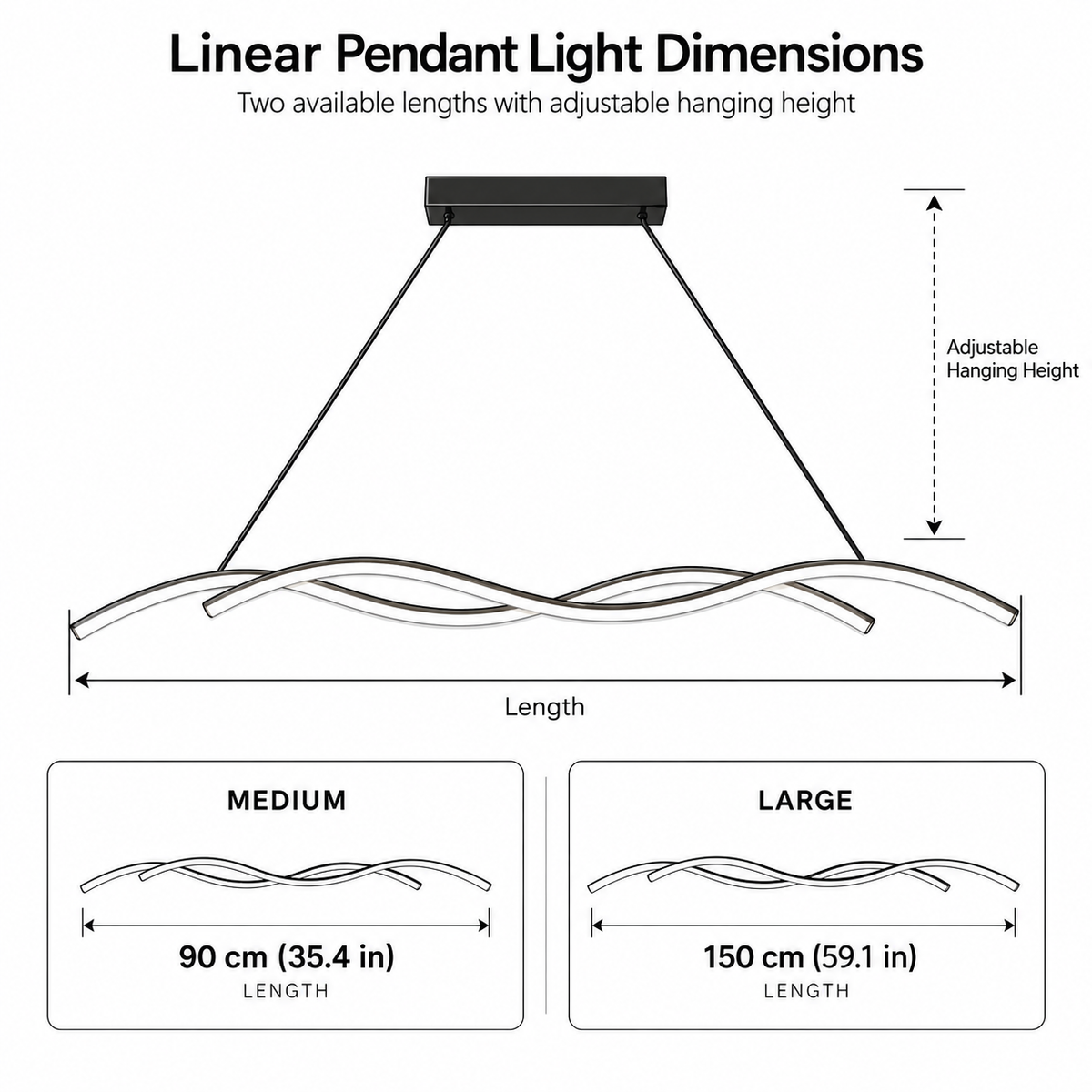 Grajagan wave pendant dimensions, 90cm (35.4in) and 150cm (59.1in) lengths with adjustable drop