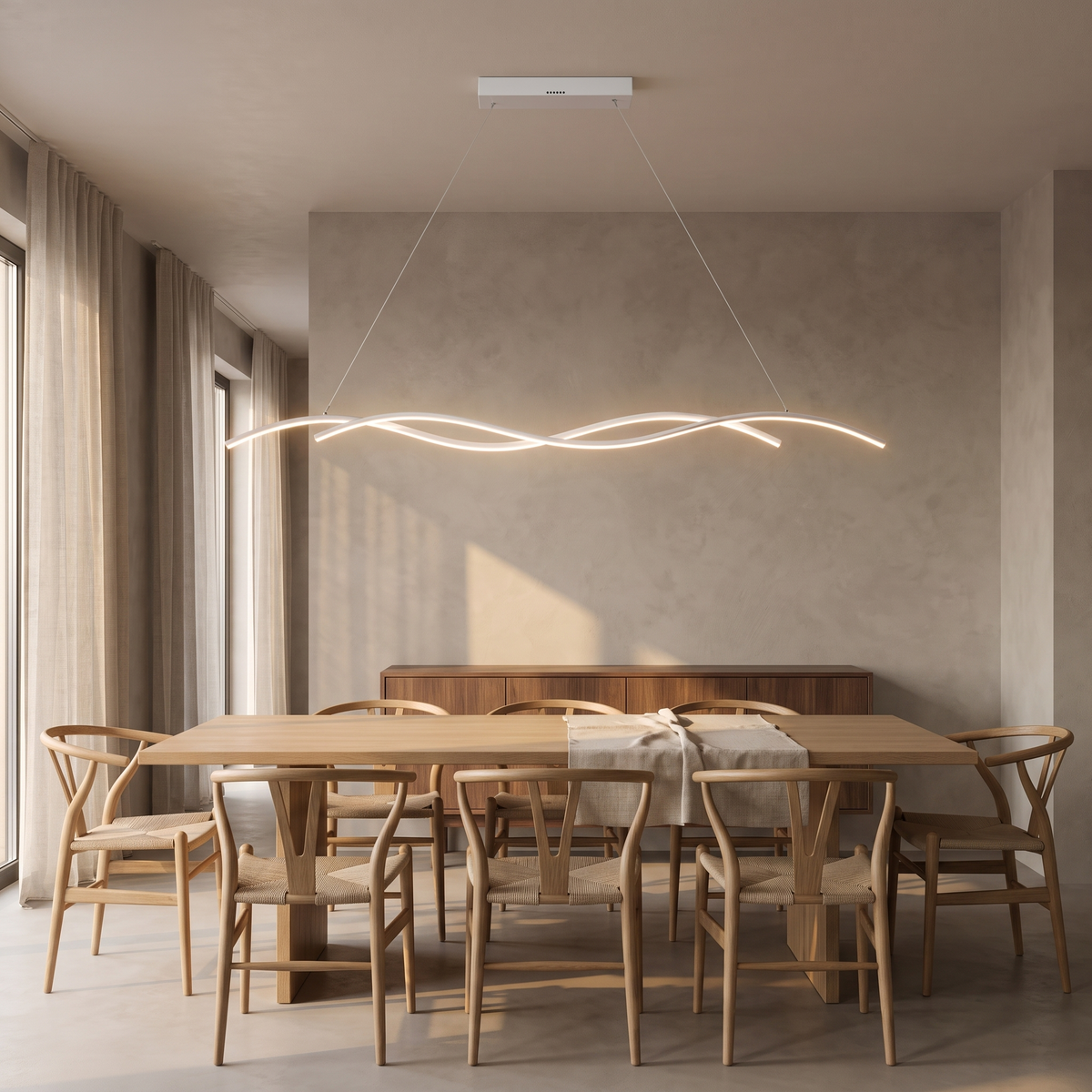 Grajagan white wave pendant over a long oak dining table in a Scandinavian dining room
