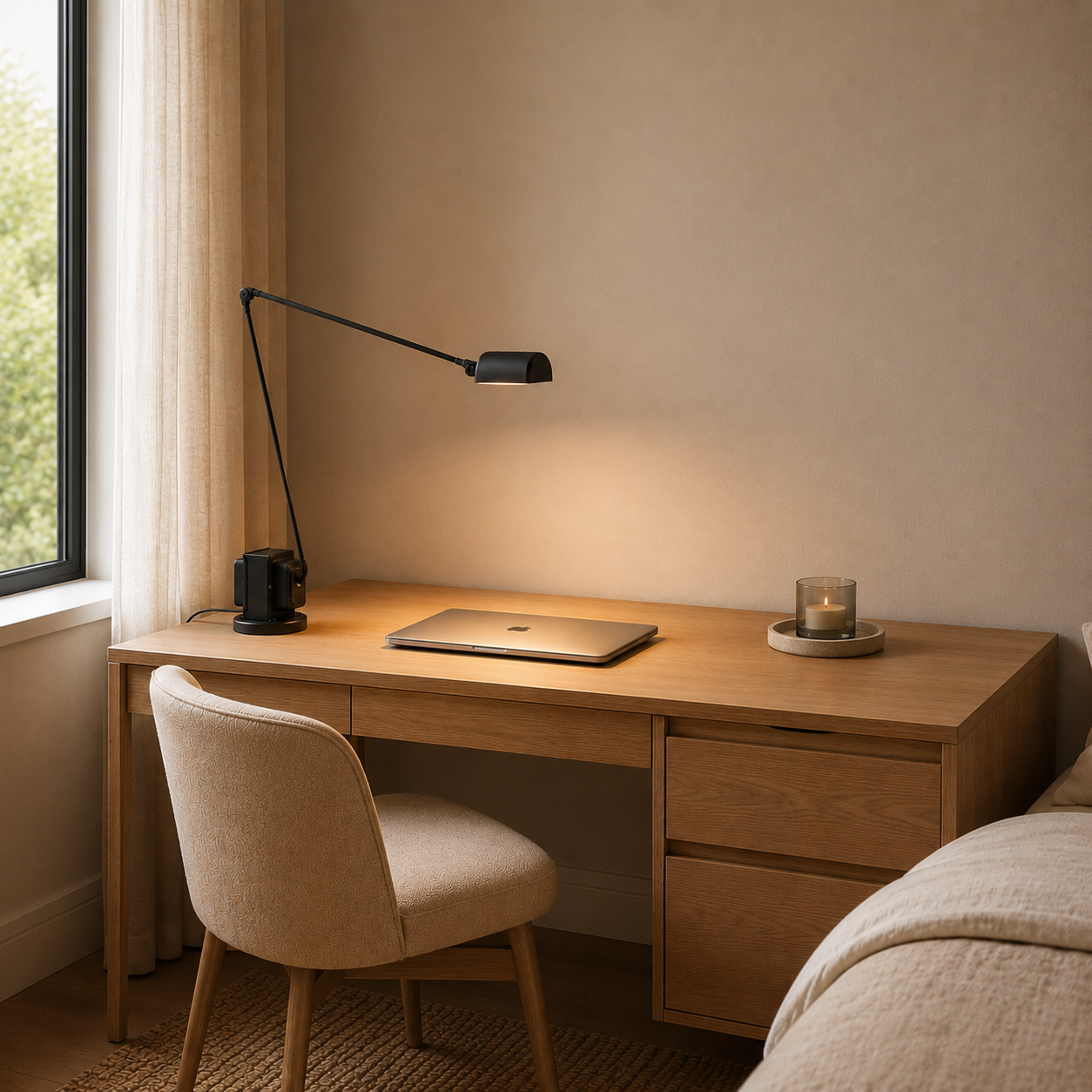 Grampians LED Desk Lamp shown in white on an office desk