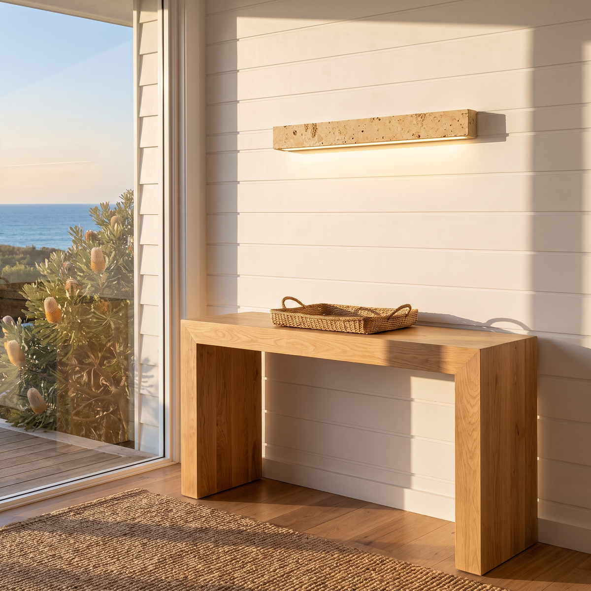Guru yellow travertine wall light above an oak console in a coastal entry