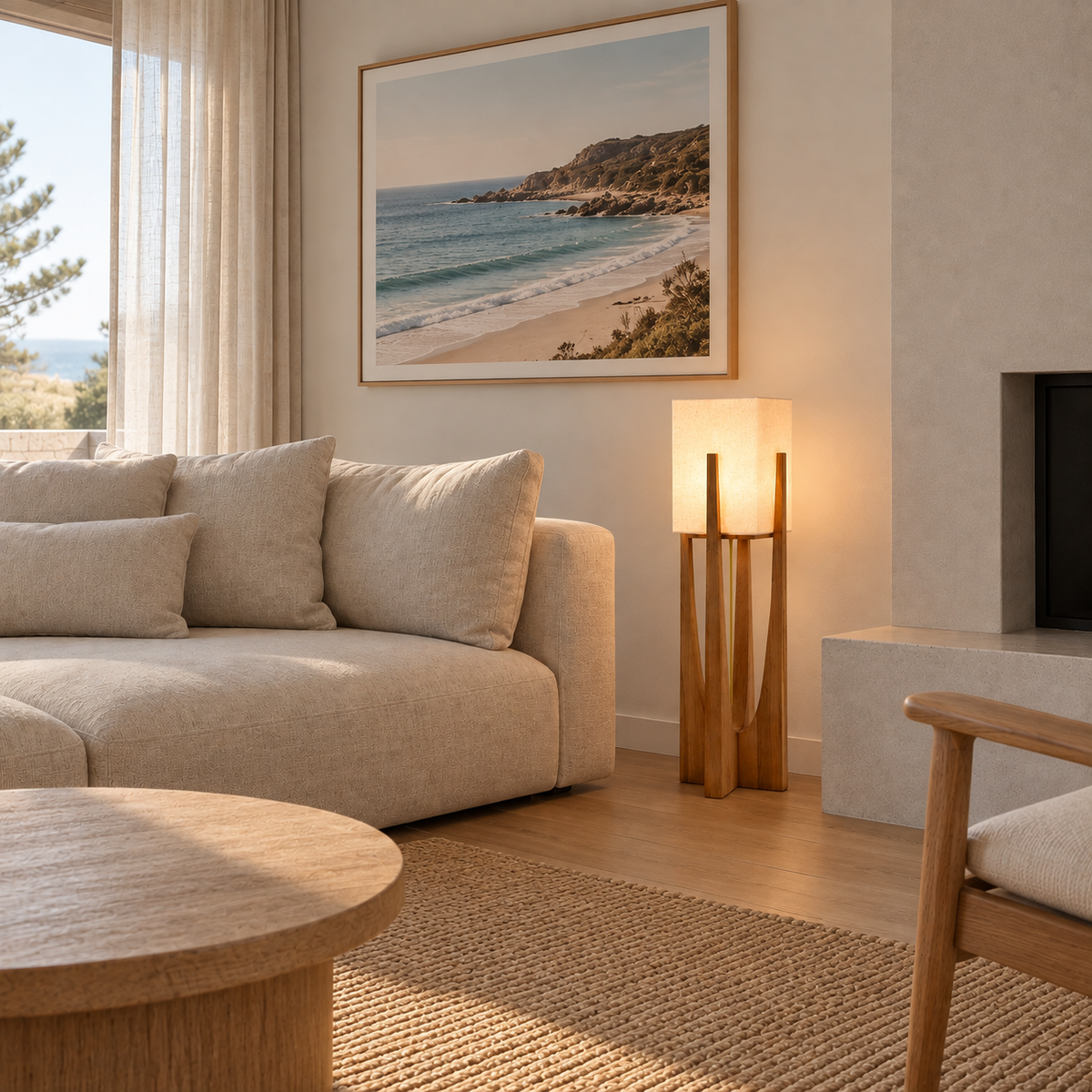 Hakuba Japanese style floor lamp glowing in a coastal living room with an ocean view