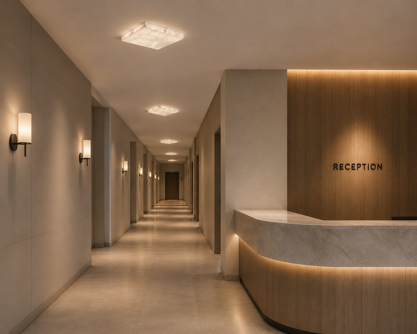 Halor Marble & Brass LED Ceiling Light glowing with warm ambient light
