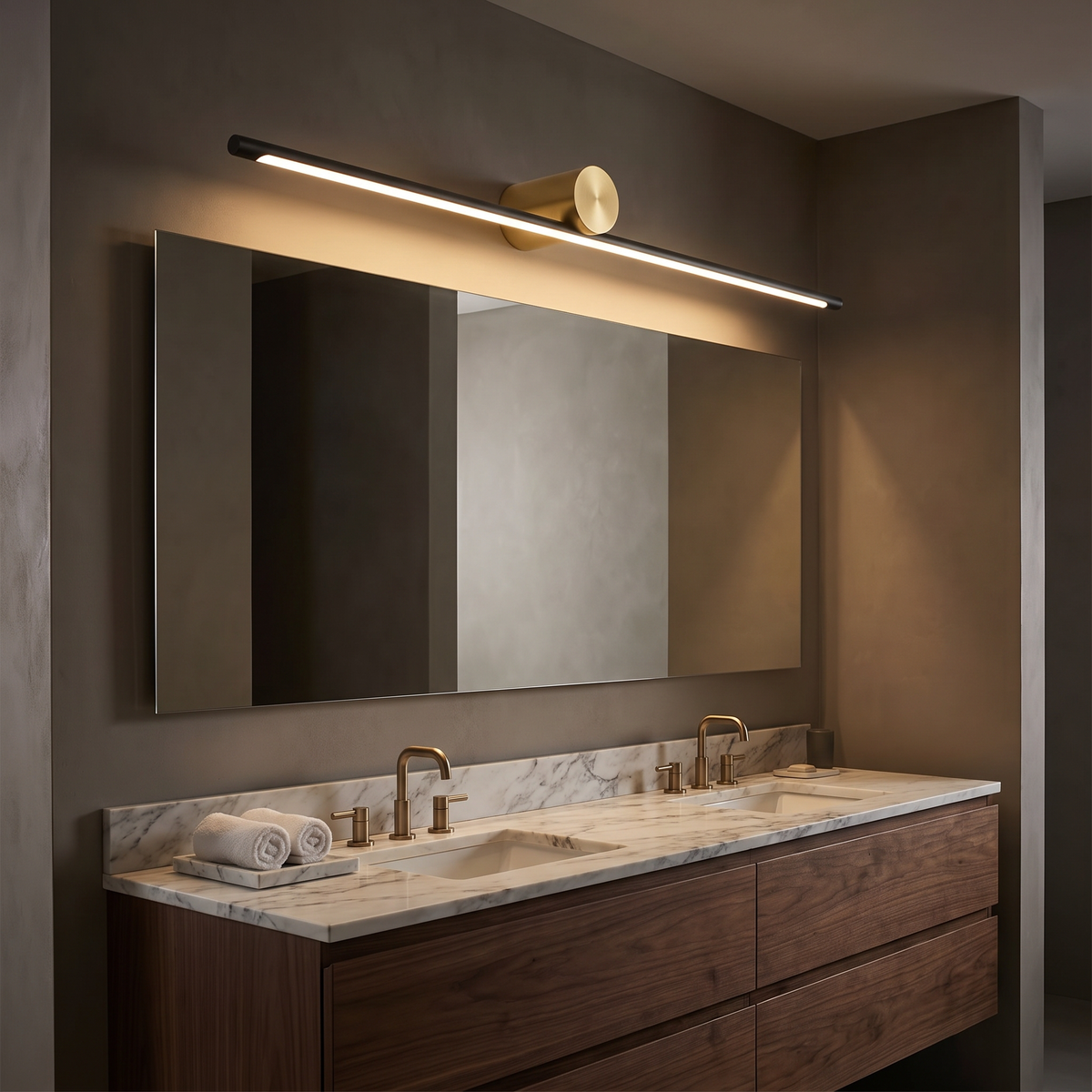Black and gold Hartog light bar glowing over a walnut and marble double vanity at night