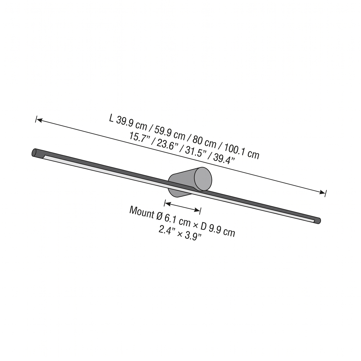 Hartog vanity light bar dimensions, lengths 39.9, 59.9, 80 and 100.1cm with a 6.1 x 9.9cm mount