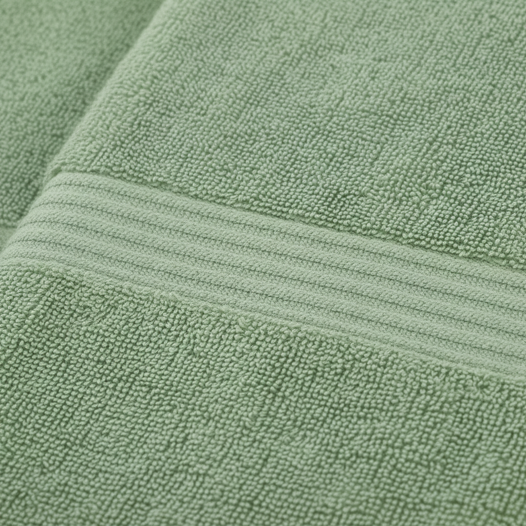 Haven Towel Set folded and stacked on a bathroom shelf