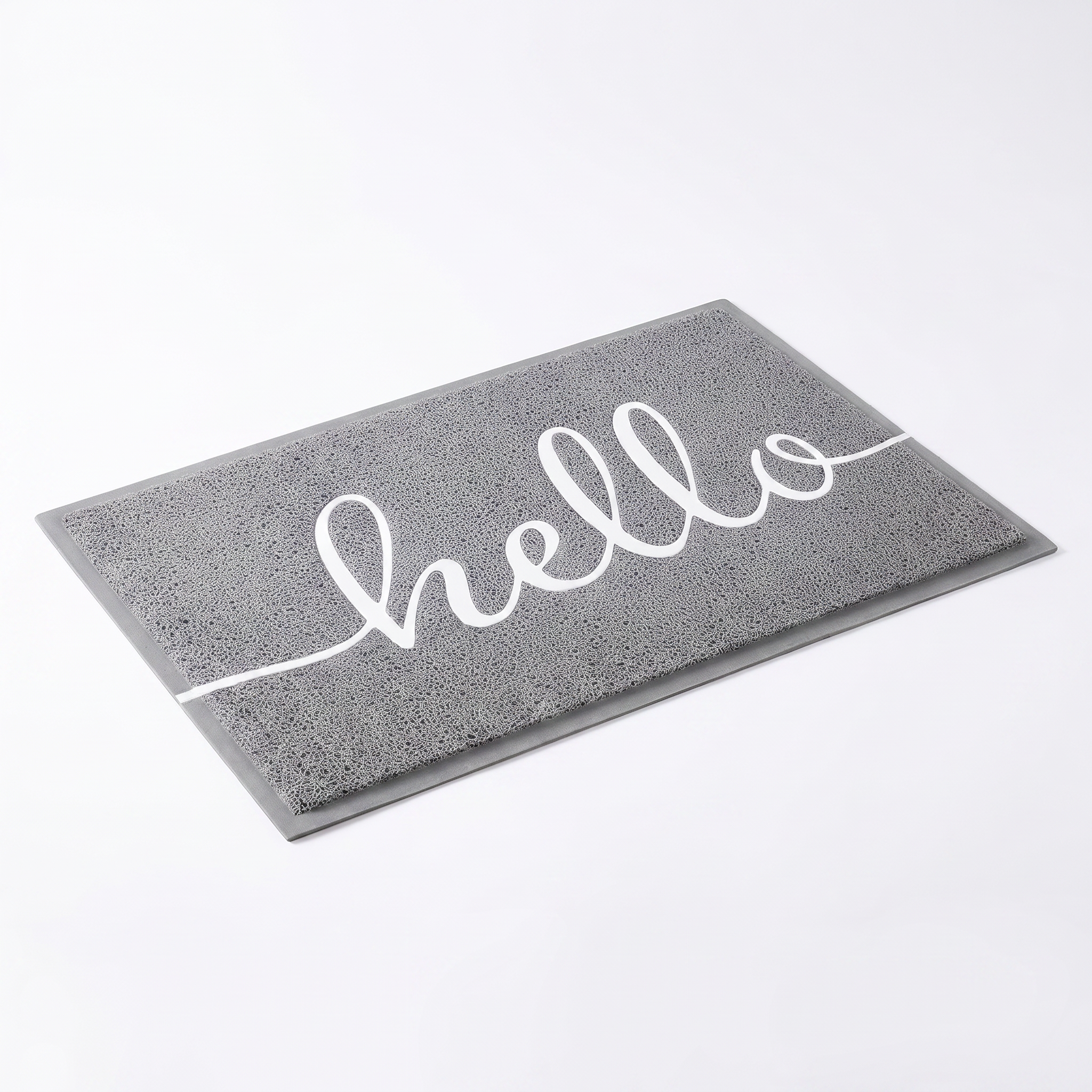Hello welcome doormat in grey on a white background