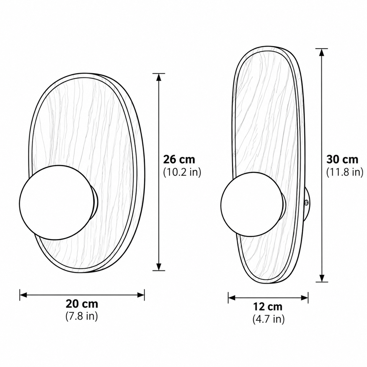 Henny wall lamp sizes, Model A 20cm wide by 26cm tall and Model B 12cm wide by 30cm tall