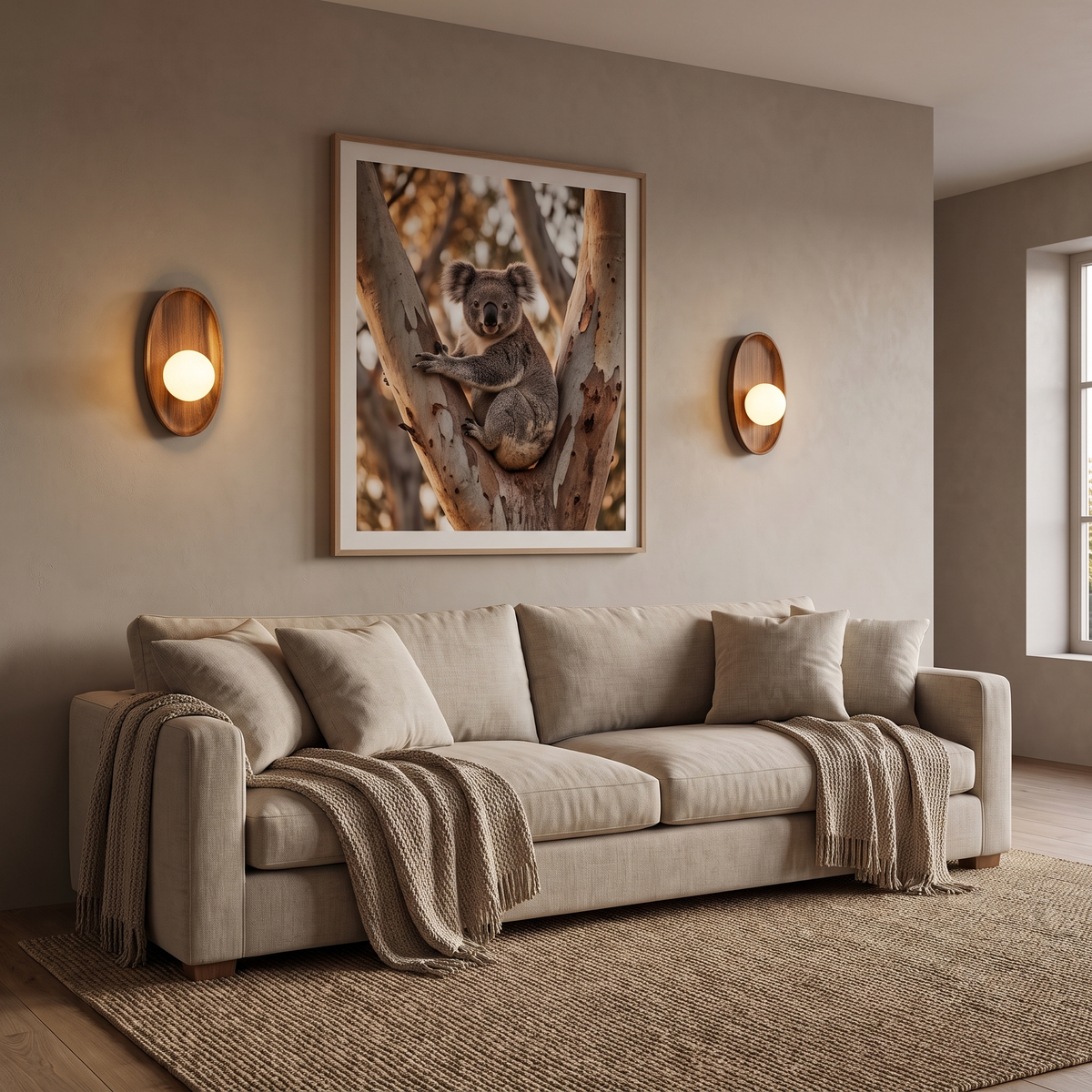 Pair of Henny walnut wall lamps flanking koala artwork above a linen sofa