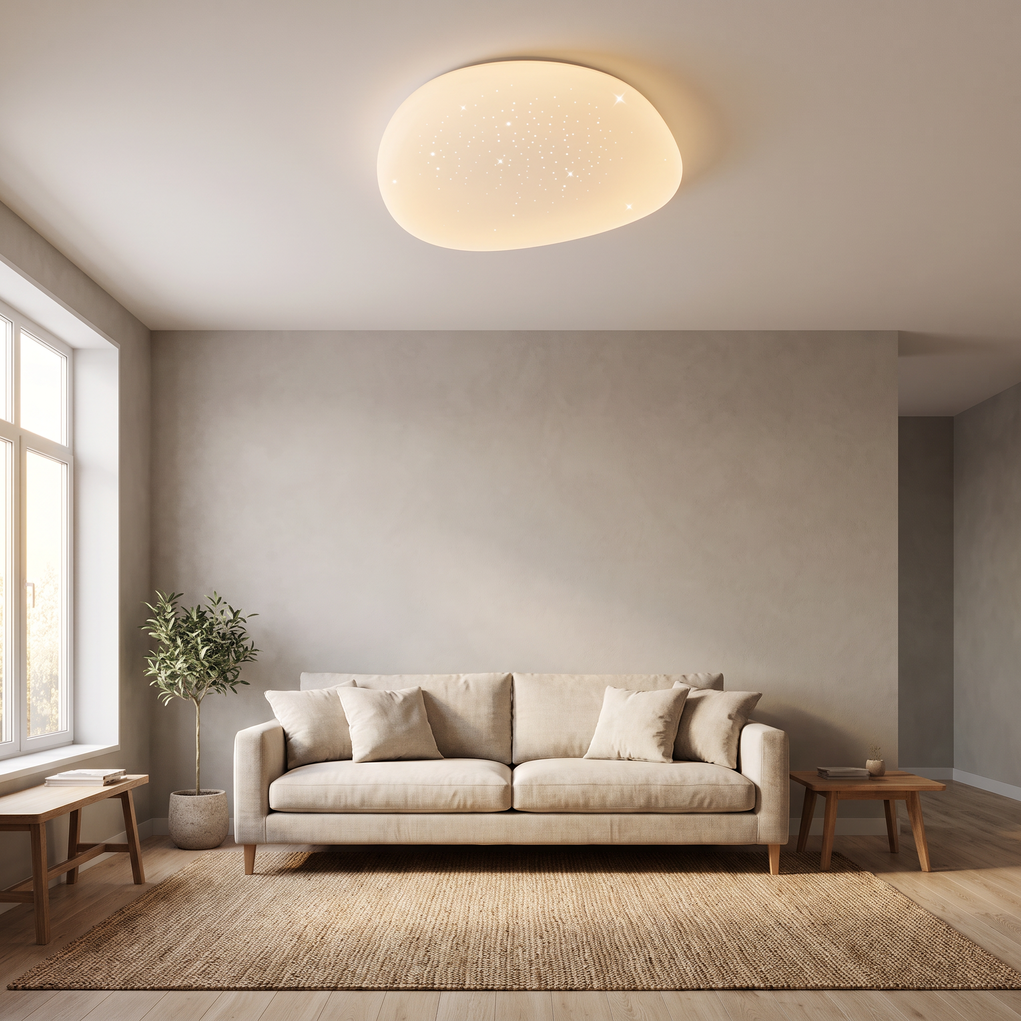 Cali LED ceiling light glowing in a Scandinavian living room