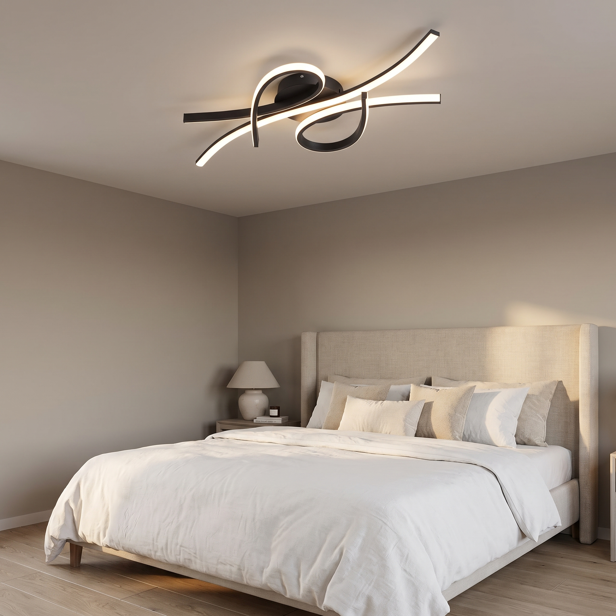 Black Selina smart LED ceiling light in a modern bedroom