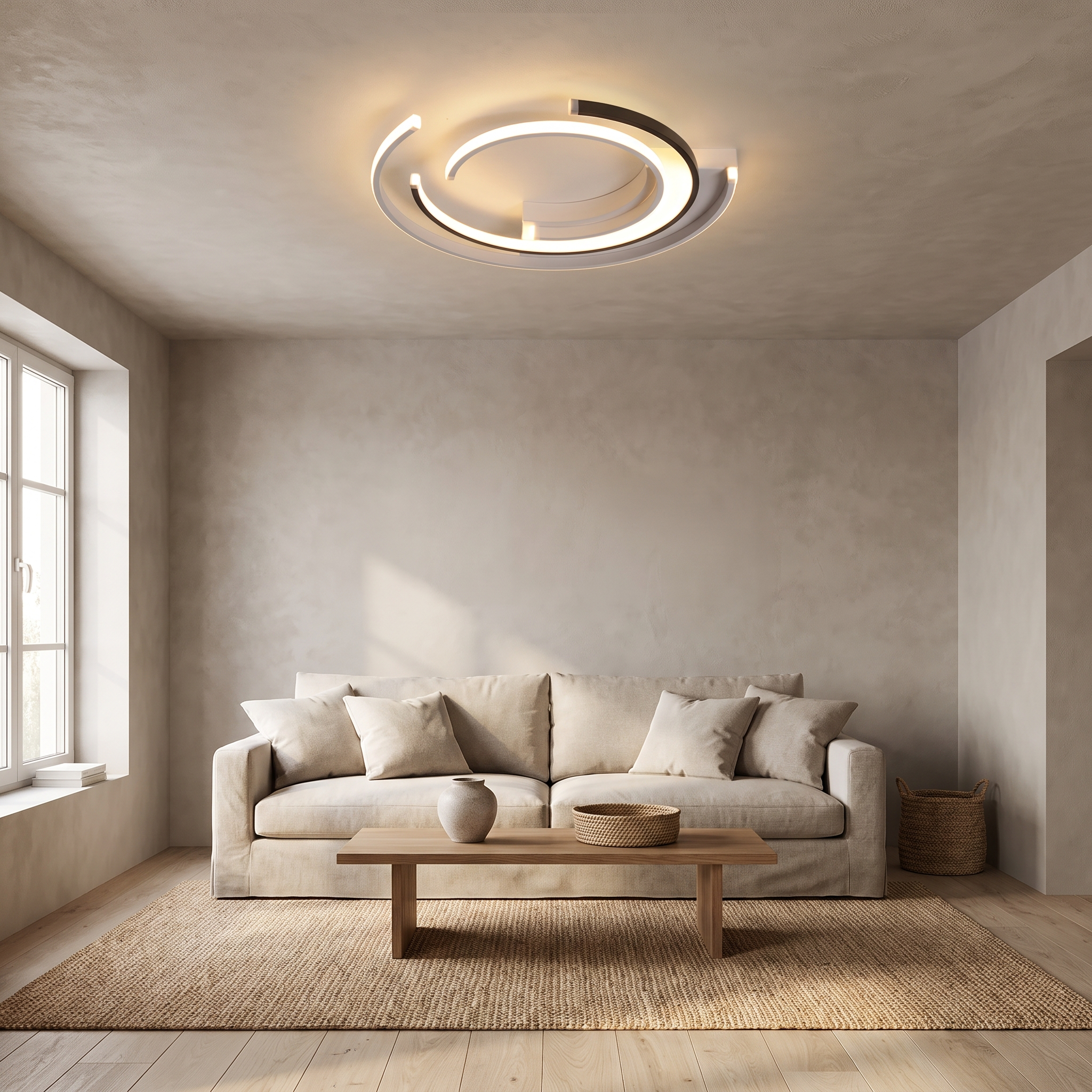 Tallis LED ceiling light glowing in a Scandinavian living room