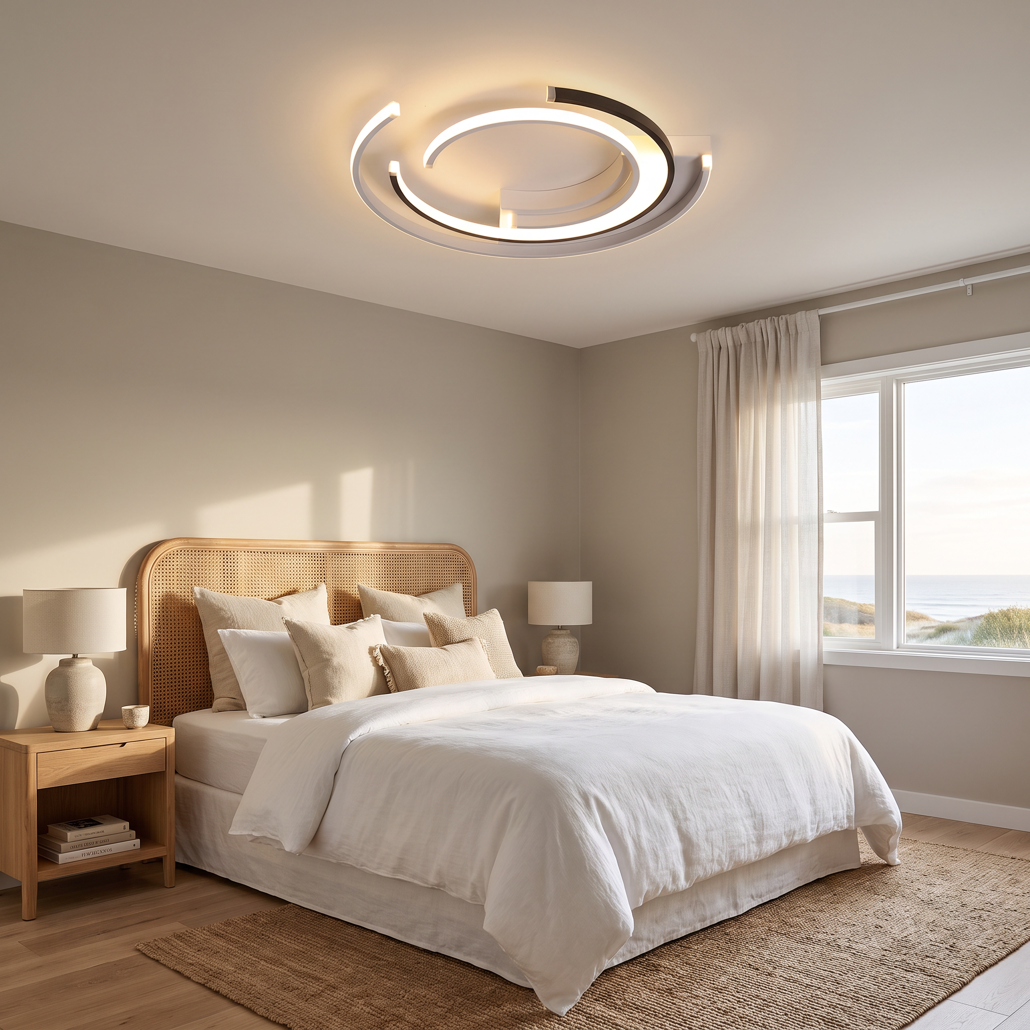 Tallis LED ceiling light in a warm coastal bedroom