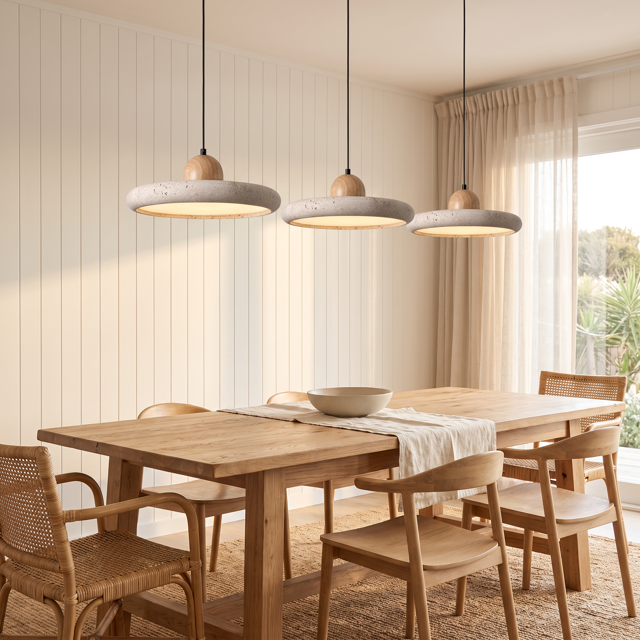 Sabi Travertine Pendant Light in Light Wood, three pendants over a light oak dining table in a coastal home