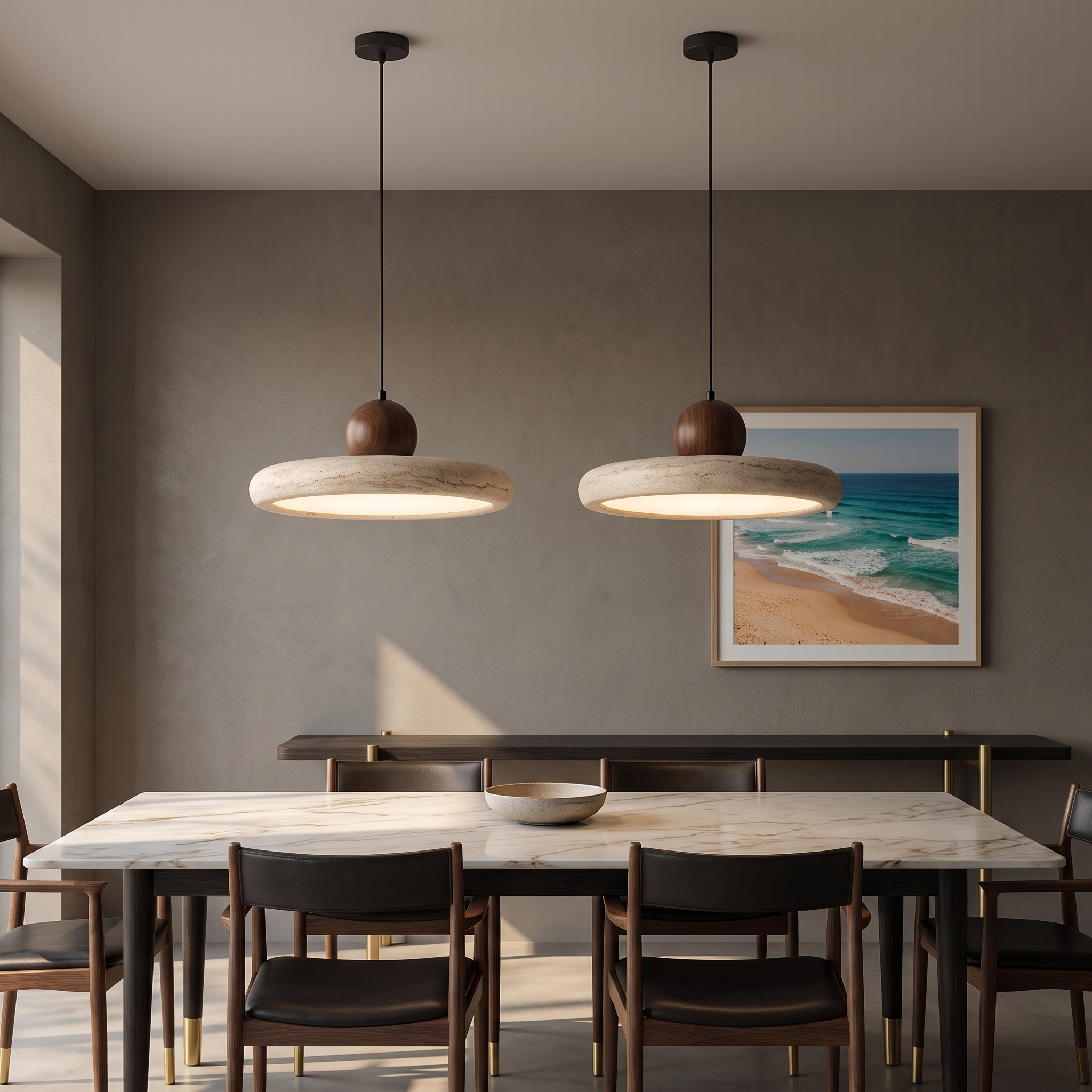 Sabi Travertine Pendant Light in Walnut Wood, two pendants over a marble dining table