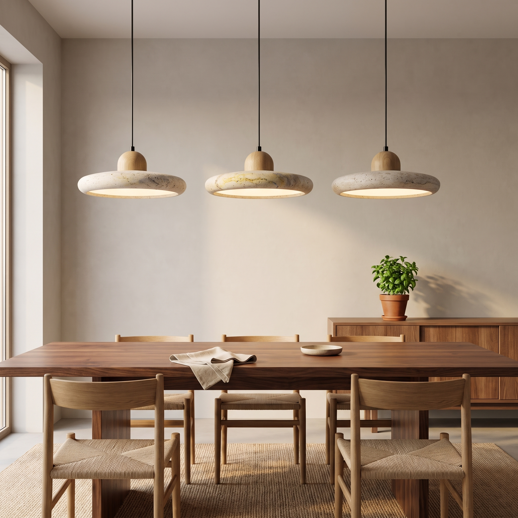 Sabi Travertine Pendant Light in Light Wood, three pendants over a dark walnut dining table