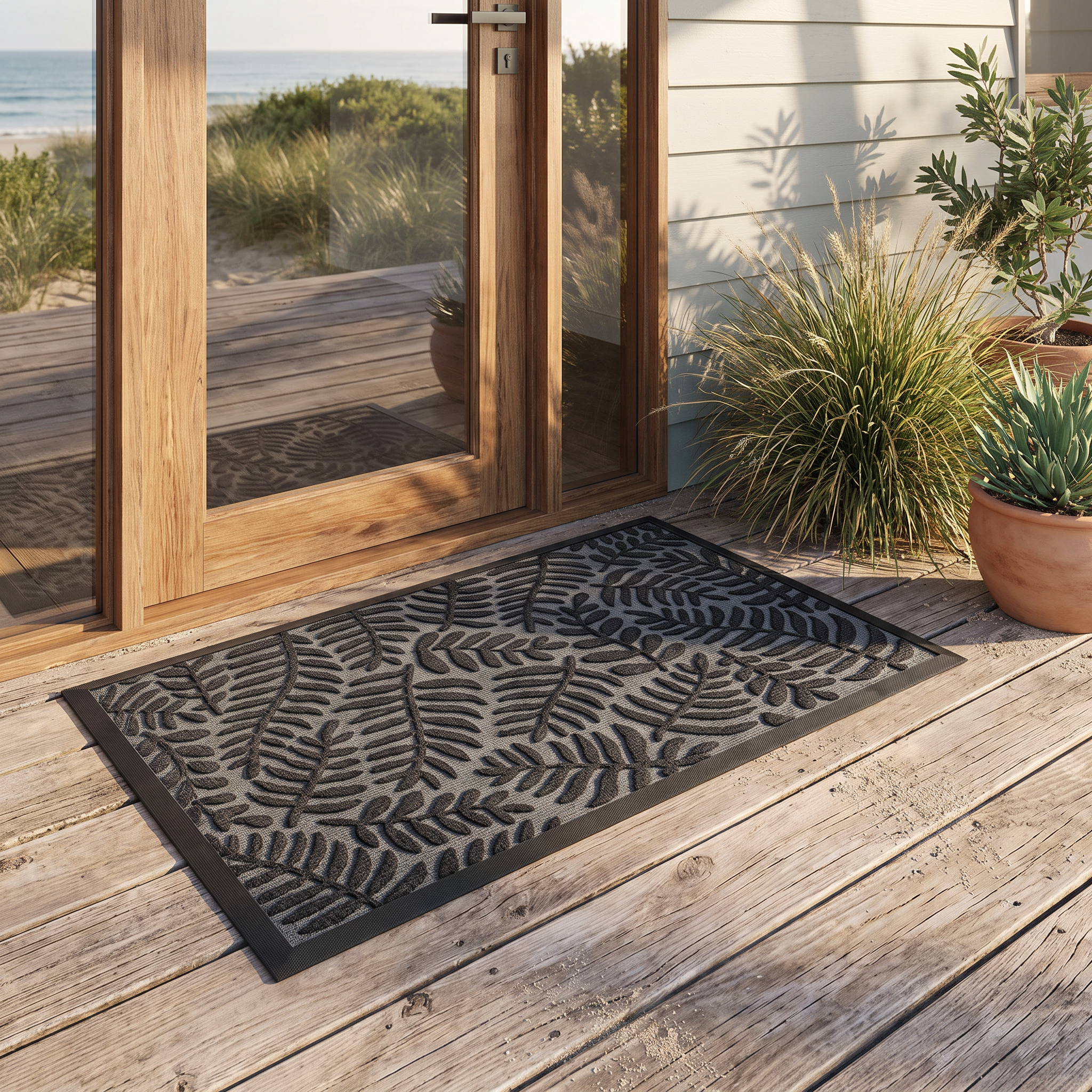 Koori fern-pattern doormat in charcoal on timber decking at a coastal beach-house entrance