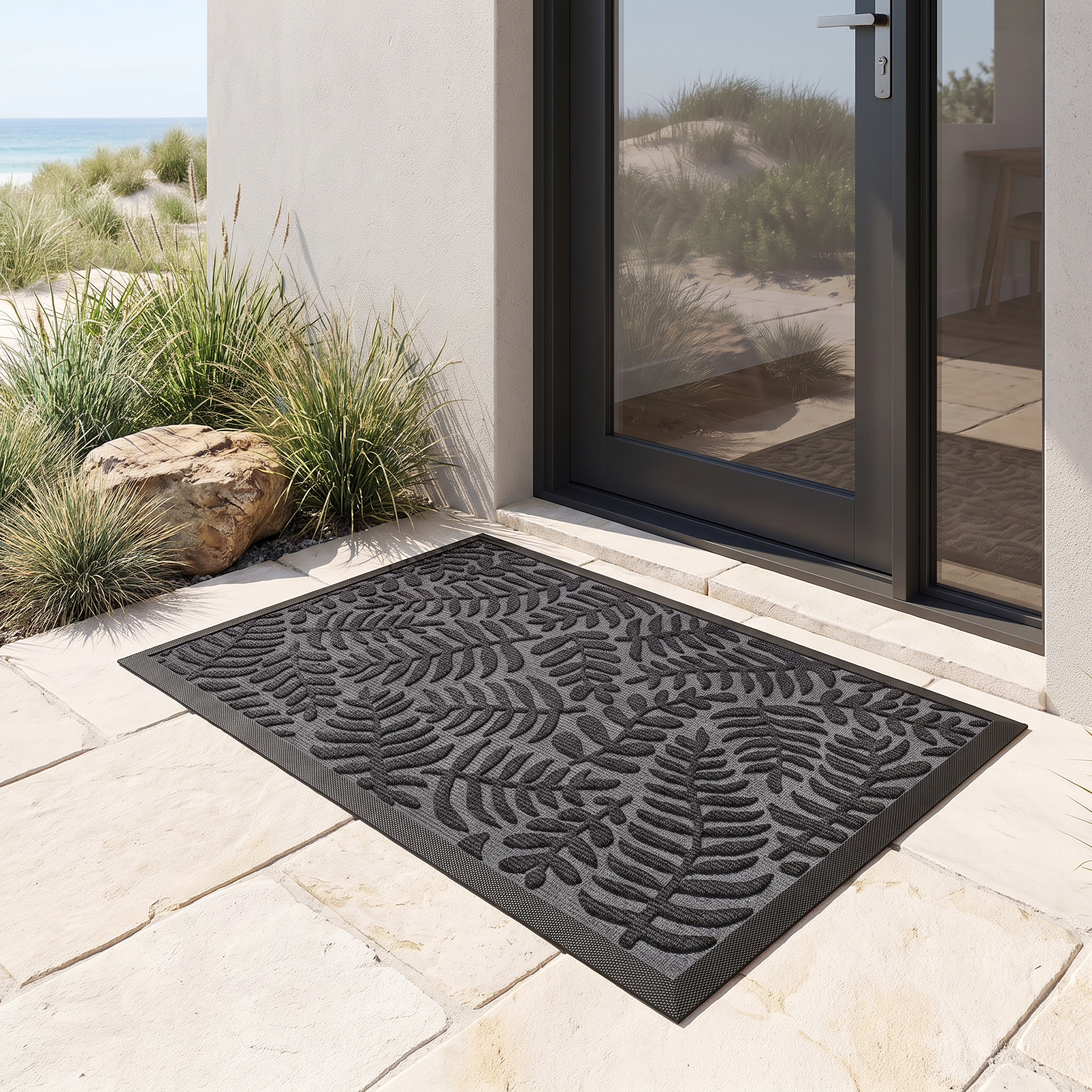 Koori fern-pattern doormat in charcoal on a limestone threshold with coastal grasses