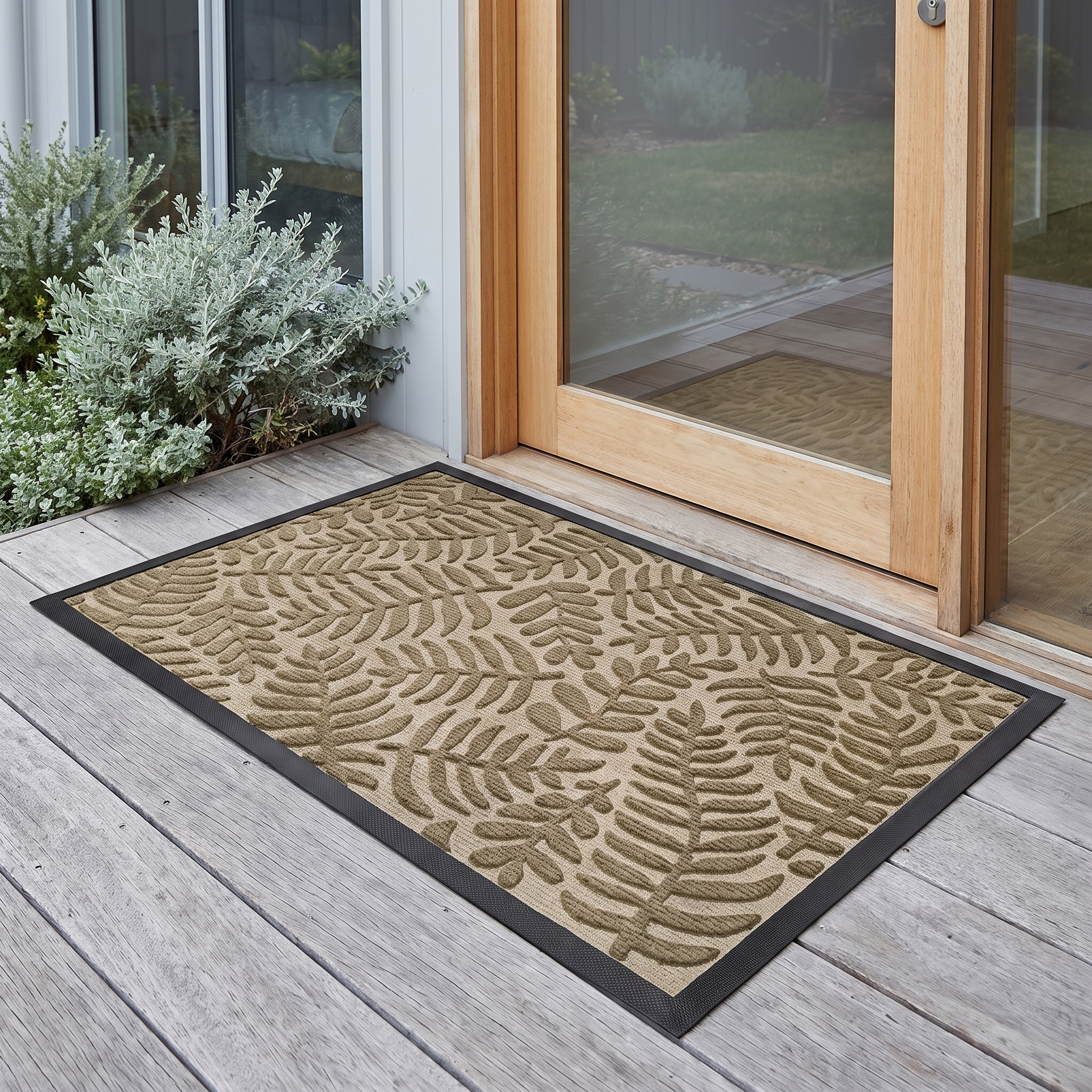 Koori fern-pattern doormat in beige on weathered timber decking at a coastal entrance