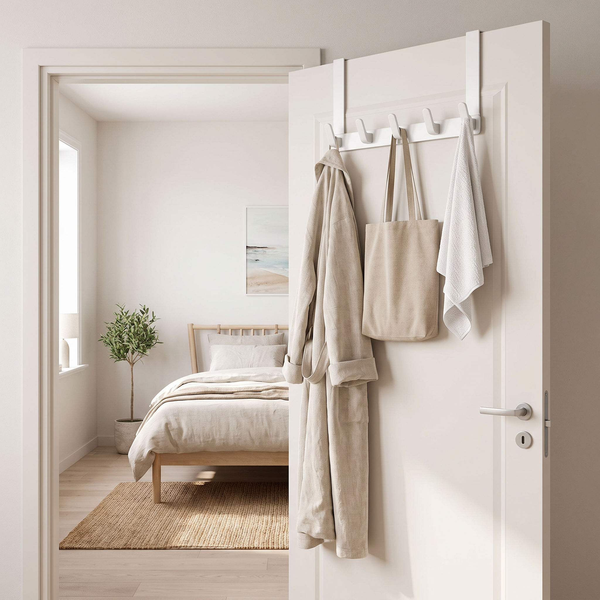 Budi white 5-hook over-door rack on a bedroom door with a robe, tote and towel