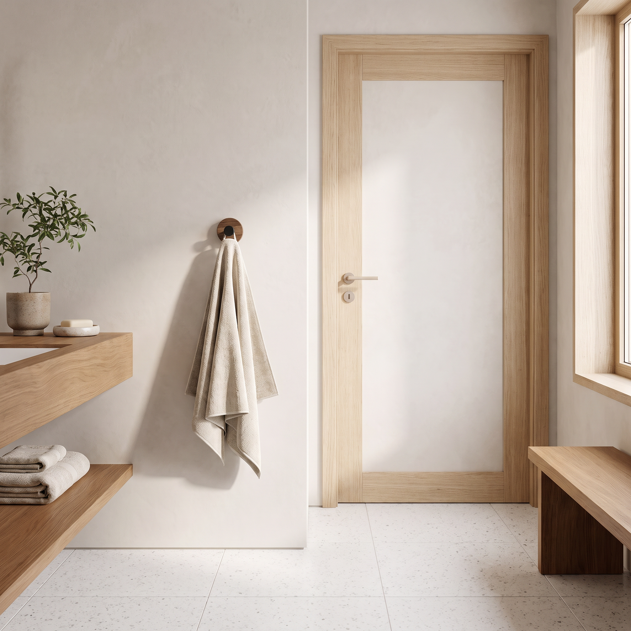 Capi Walnut Dot round timber wall hook on a bathroom wall with a hand towel
