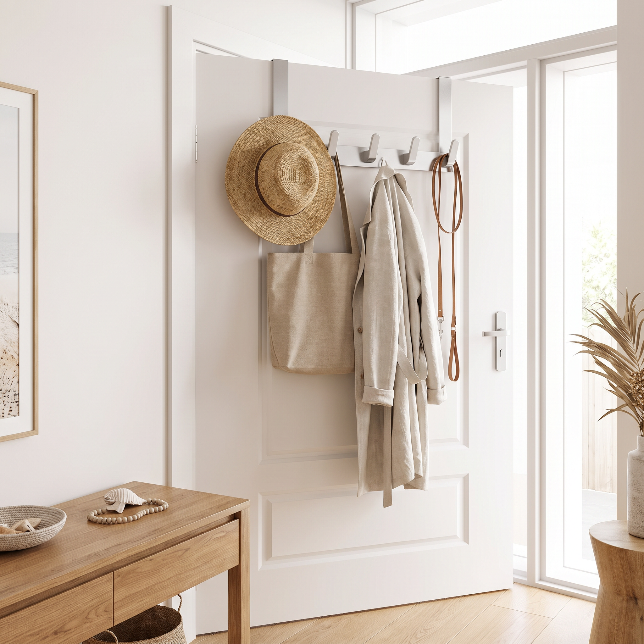 Budi white 5-hook over-door rack on a front entry door with a coat, sunhat and tote