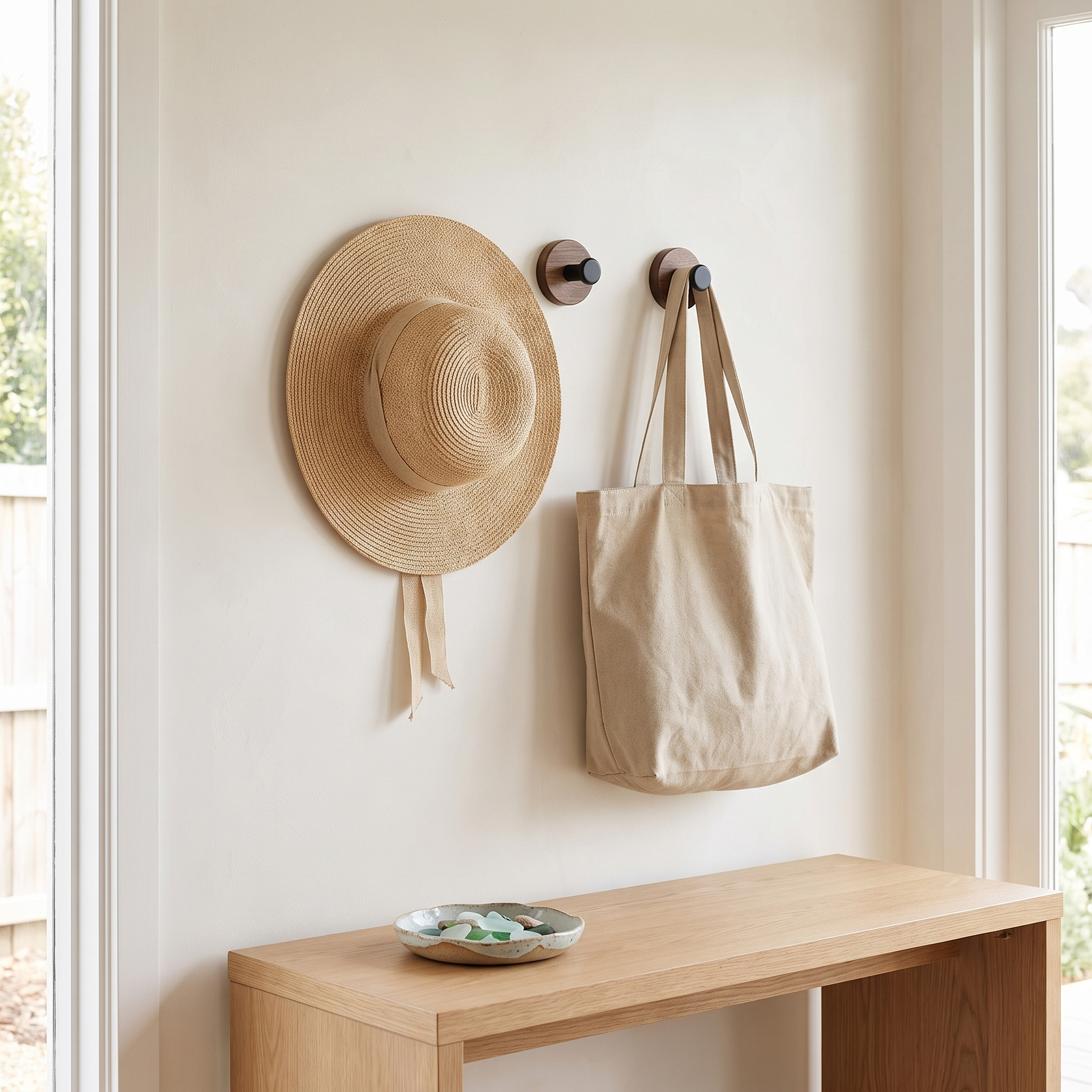 Capi Walnut Dot round timber wall hooks on an entry wall with a sunhat and tote