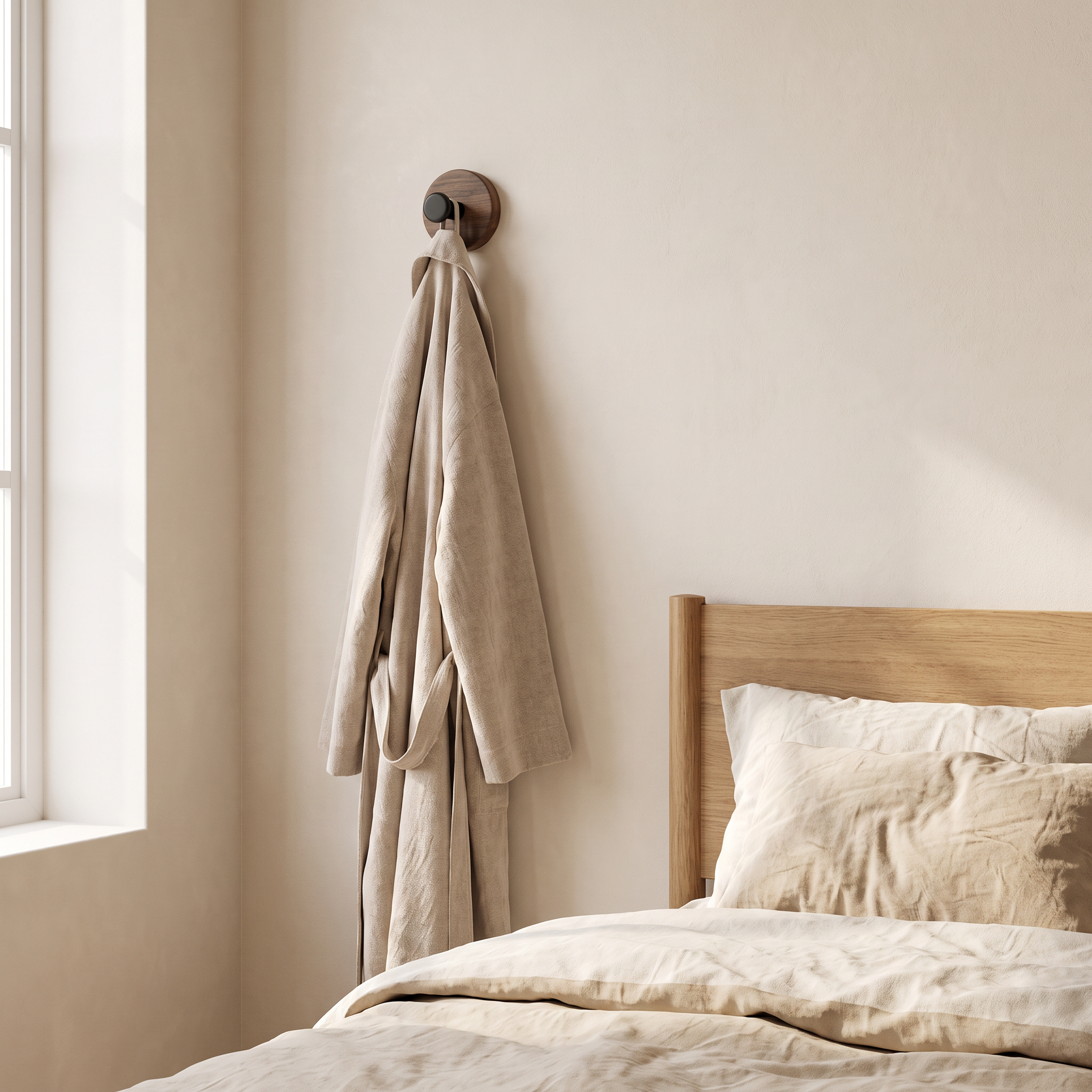 Capi Walnut Dot round timber wall hook on a bedroom wall with a linen robe