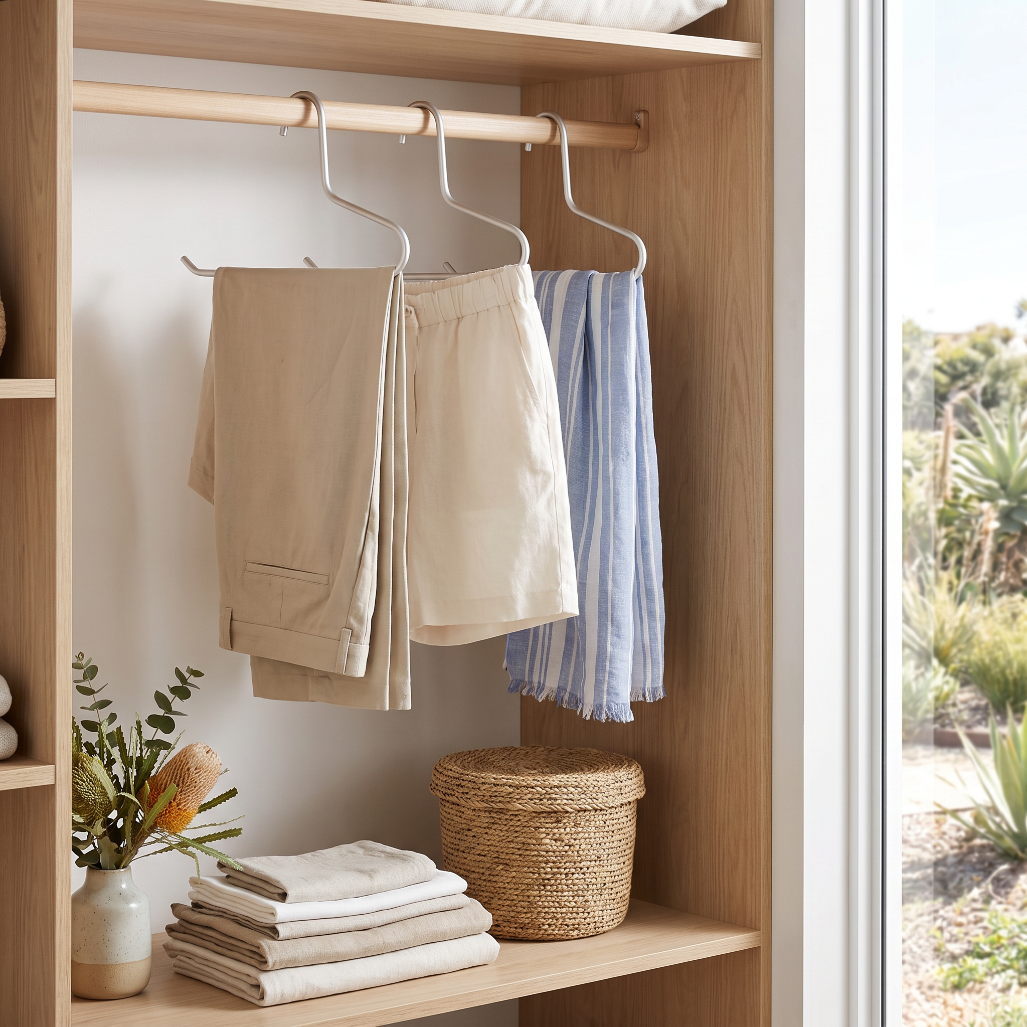 Pali silver open-ended metal wardrobe hangers on an oak rail in a beach-house robe