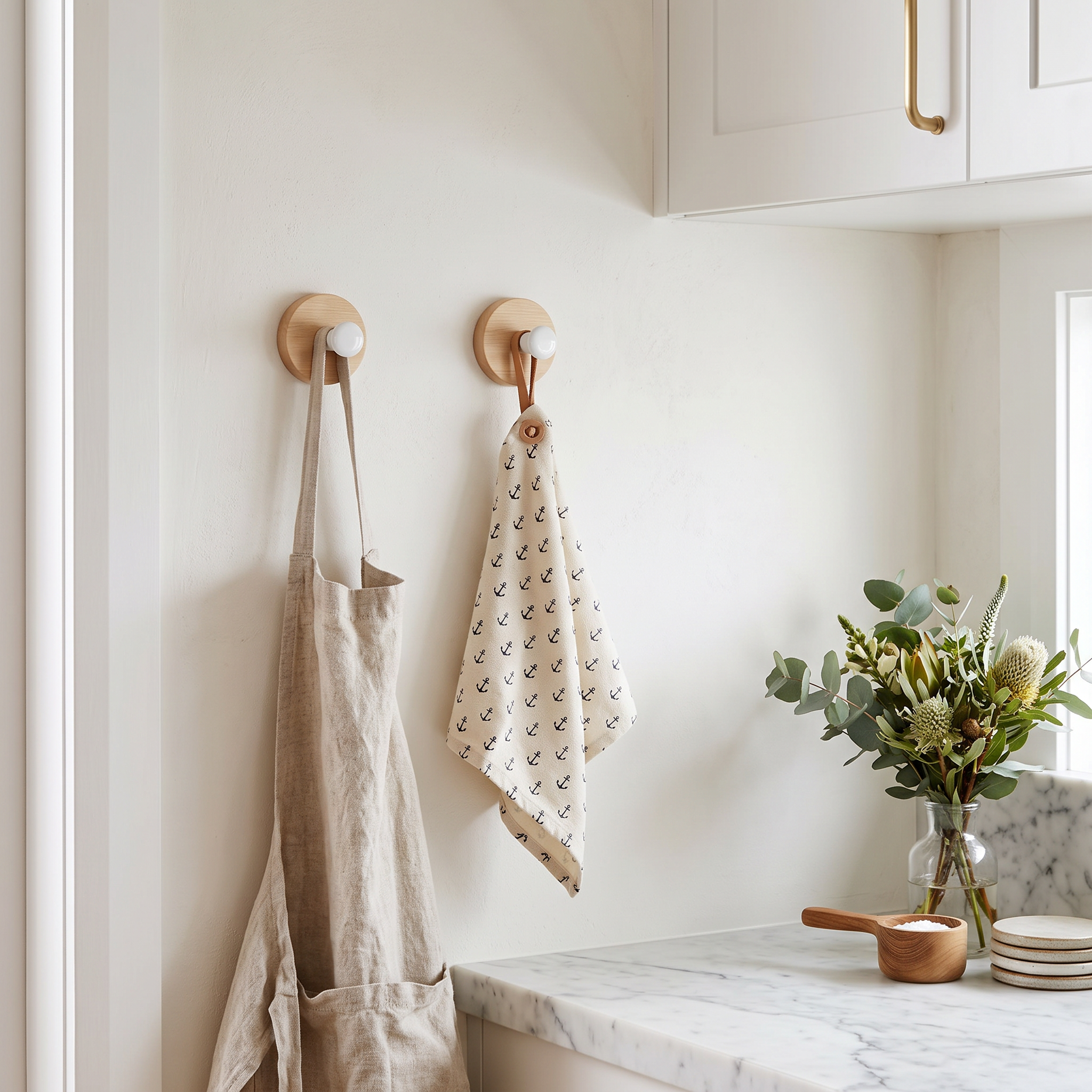 Capi Maple Pin round timber wall hook on a kitchen wall with an apron and tea towel