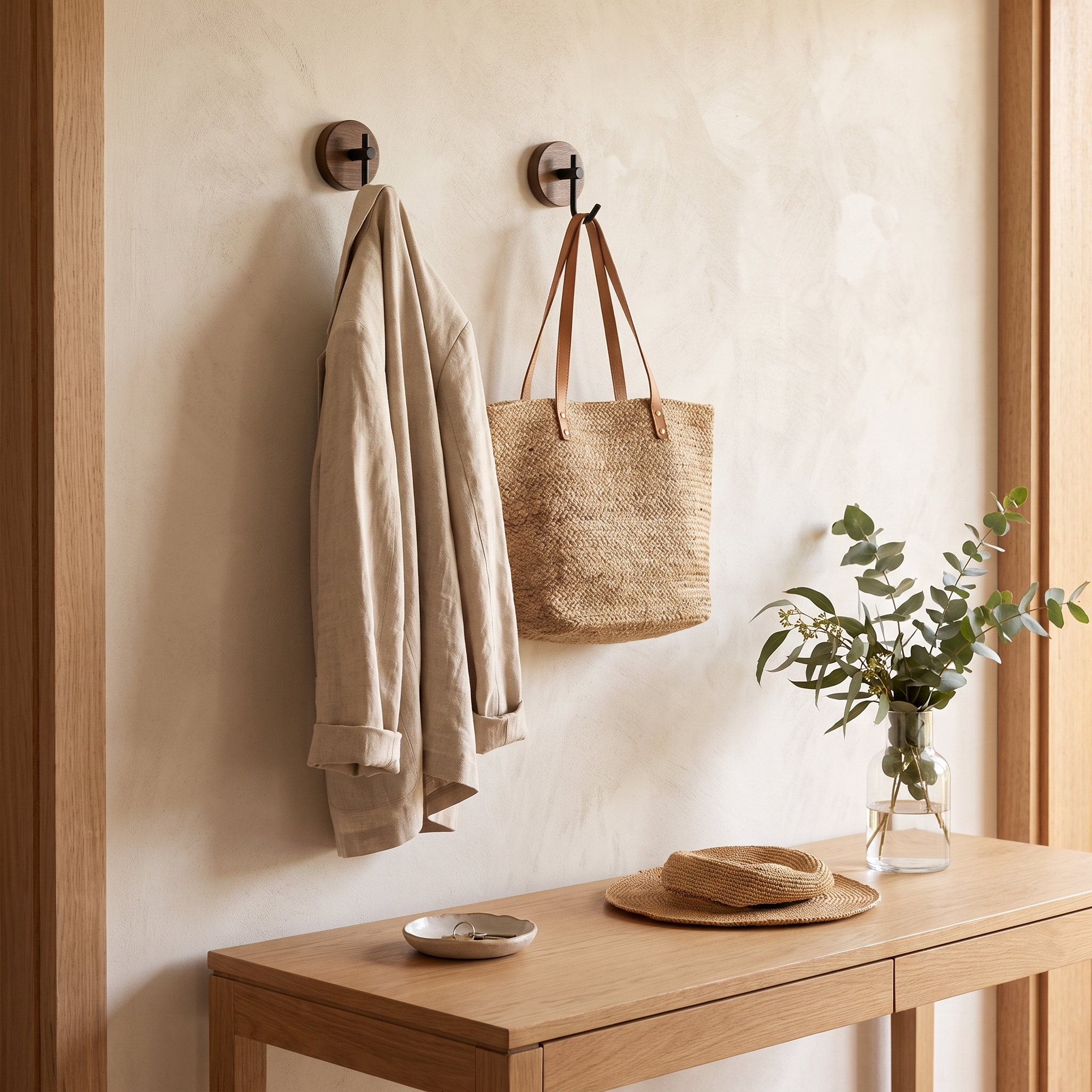 Capi Ebony Hook round wall hook on a pale entryway wall with a linen jacket and tote