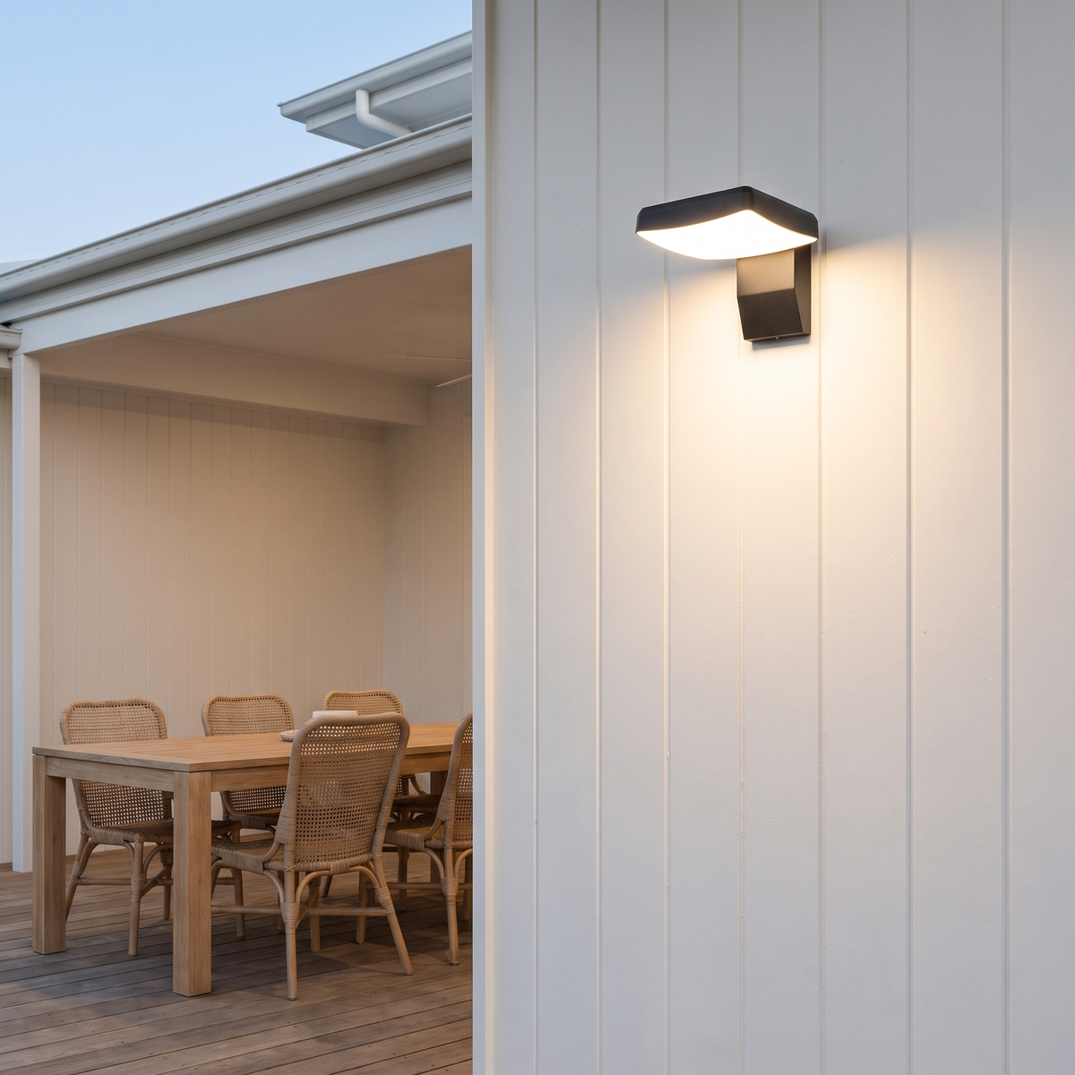 Kala Modern Outdoor Wall Light square black on white shiplap alfresco wall, neutral white light