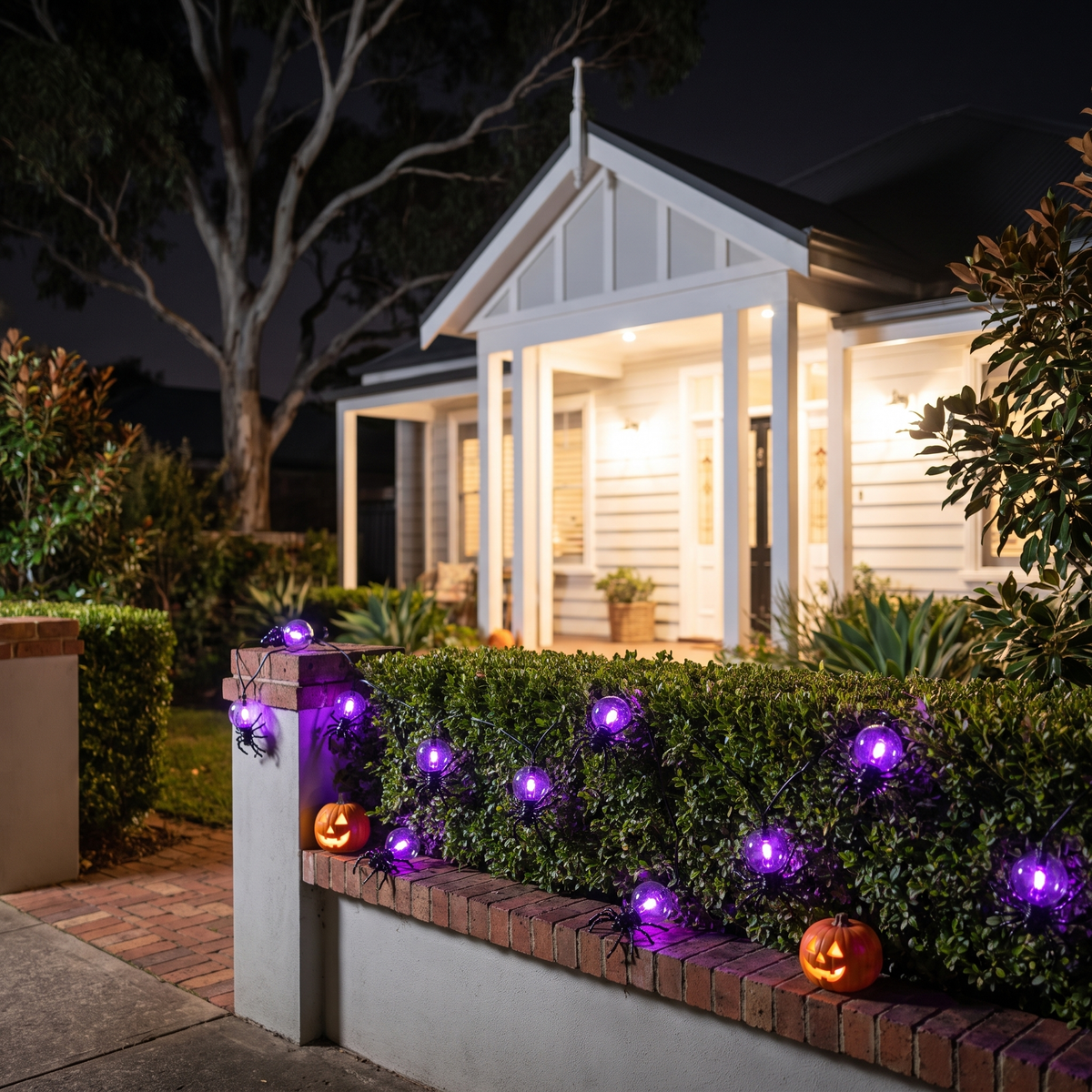 Spider string lights woven through a front garden hedge at night