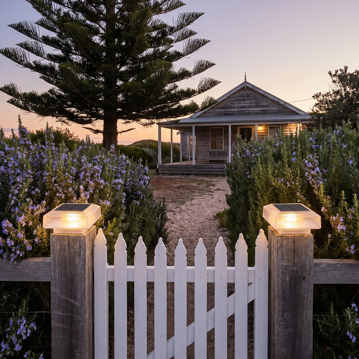 Honi solar fence lights on gate posts of a coastal beach house