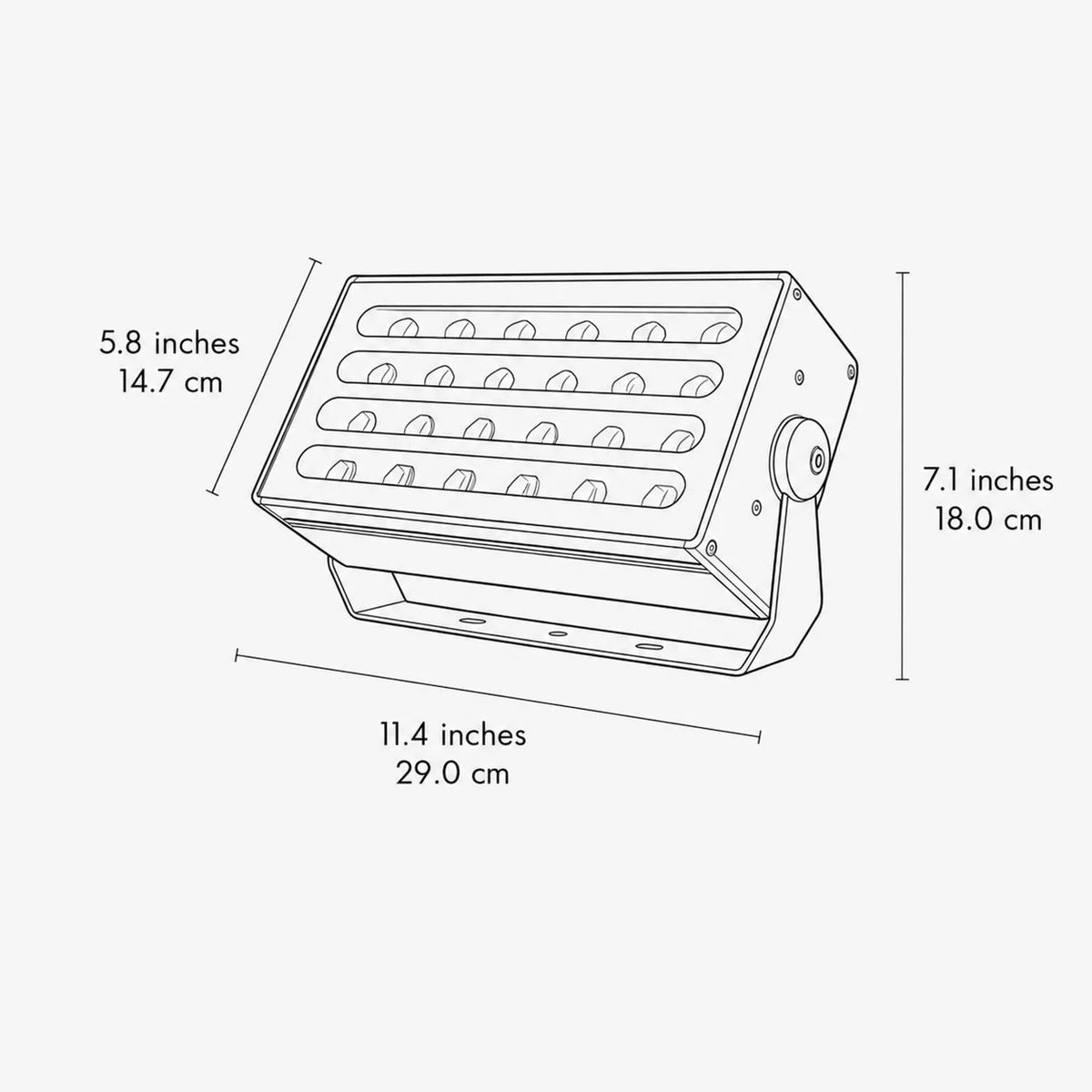 Honnibal RGB LED flood light dimensions, 29cm wide and 18cm high with a 14.7cm front face