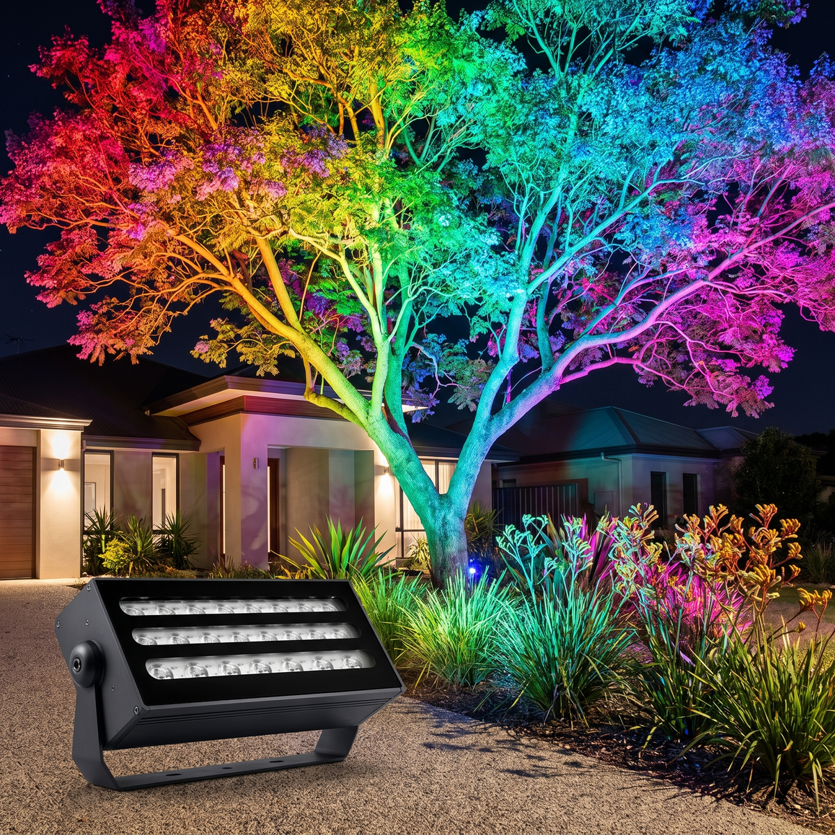 Honnibal RGB LED flood light lighting a spreading tree in rainbow colours in a front garden at night