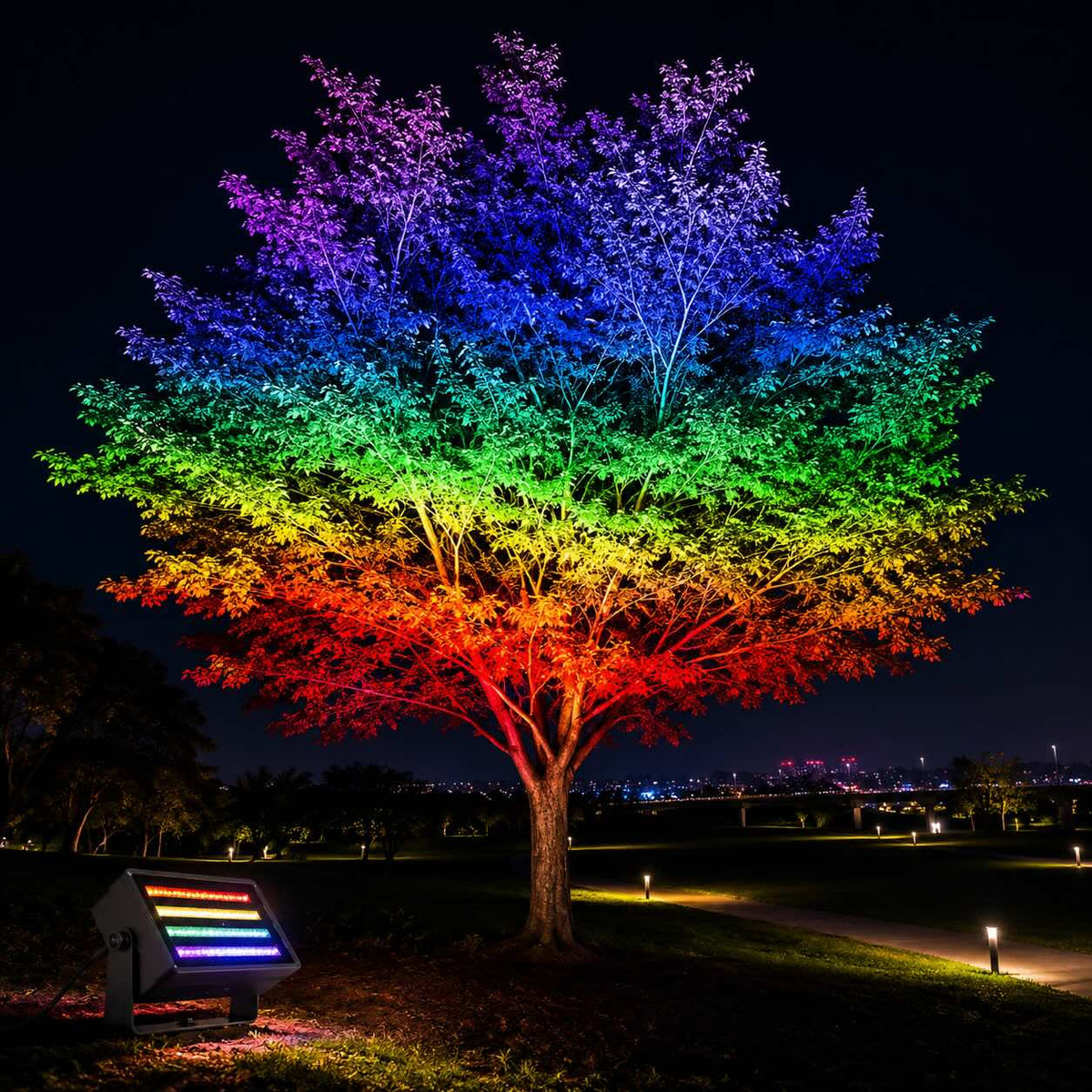 Honnibal RGB LED flood light uplighting a large park tree in rainbow colours at night