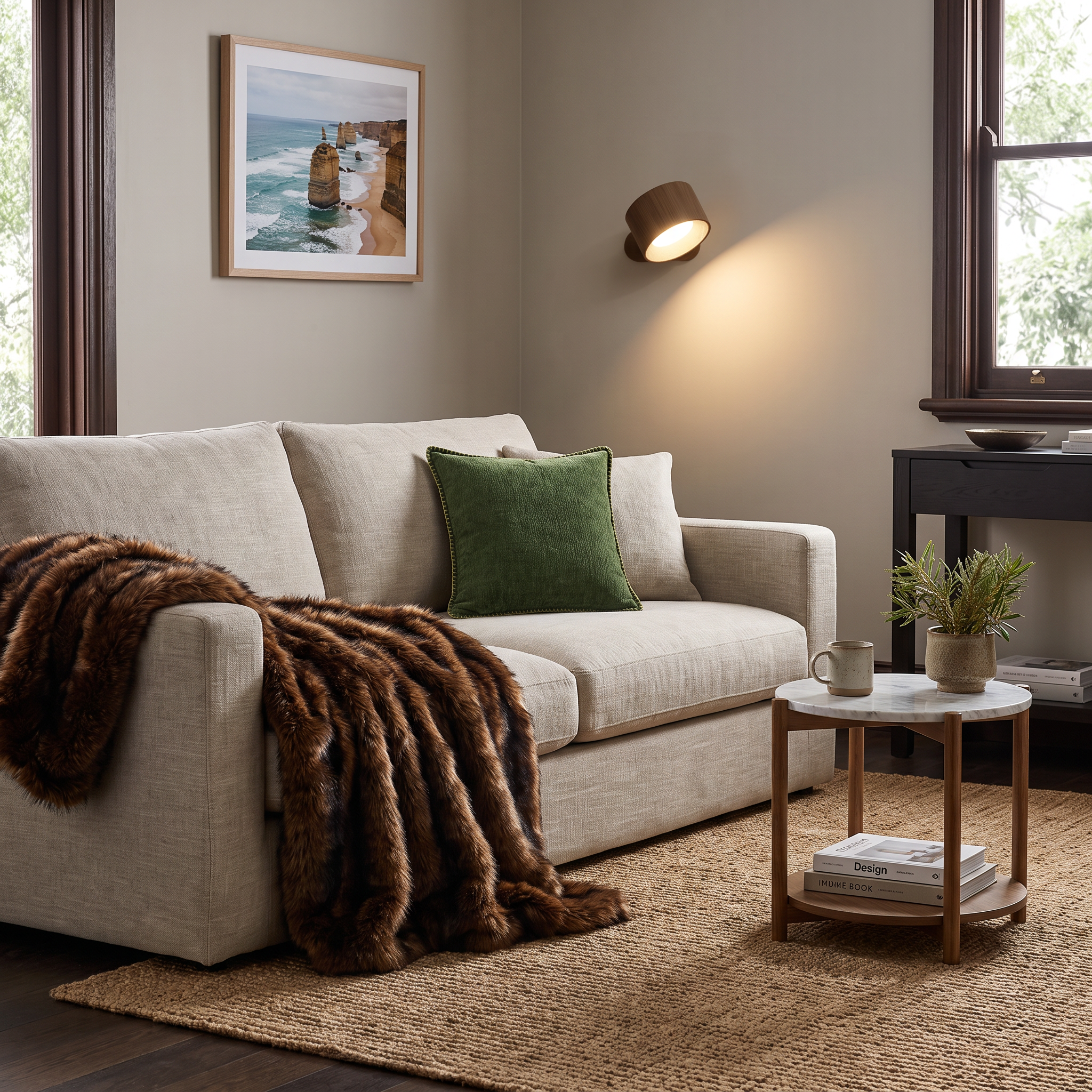 Horden brown wall sconce above a couch in a coastal living room