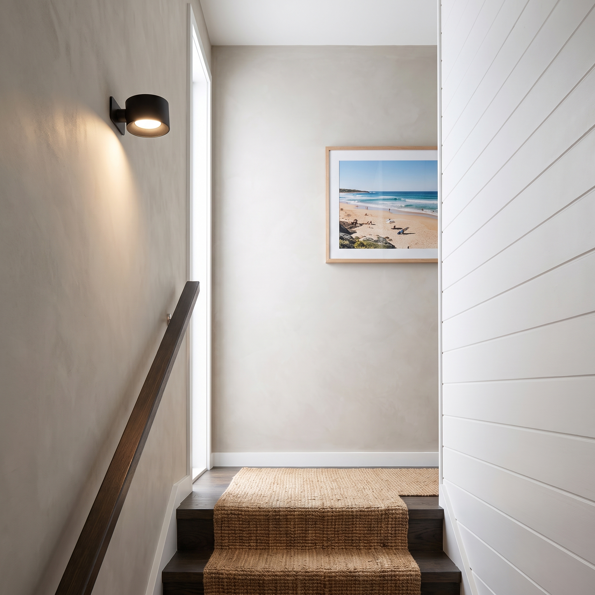 Horden black wall sconce in a coastal beach-house stairwell