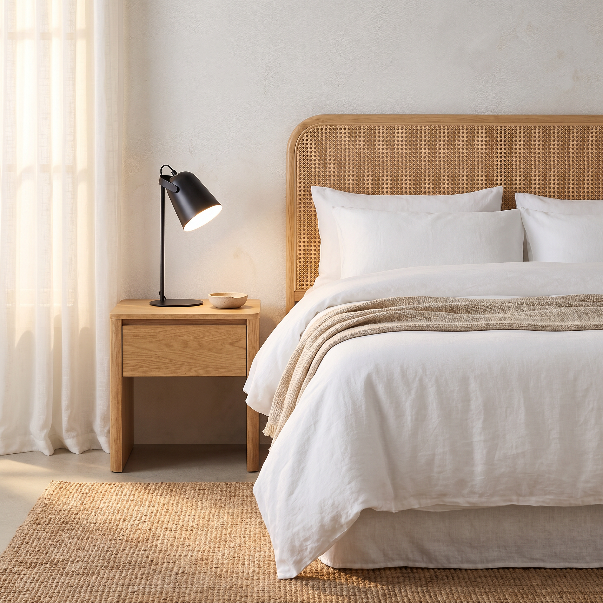 Hossegor macaron table lamp in black on an oak bedside in a coastal bedroom