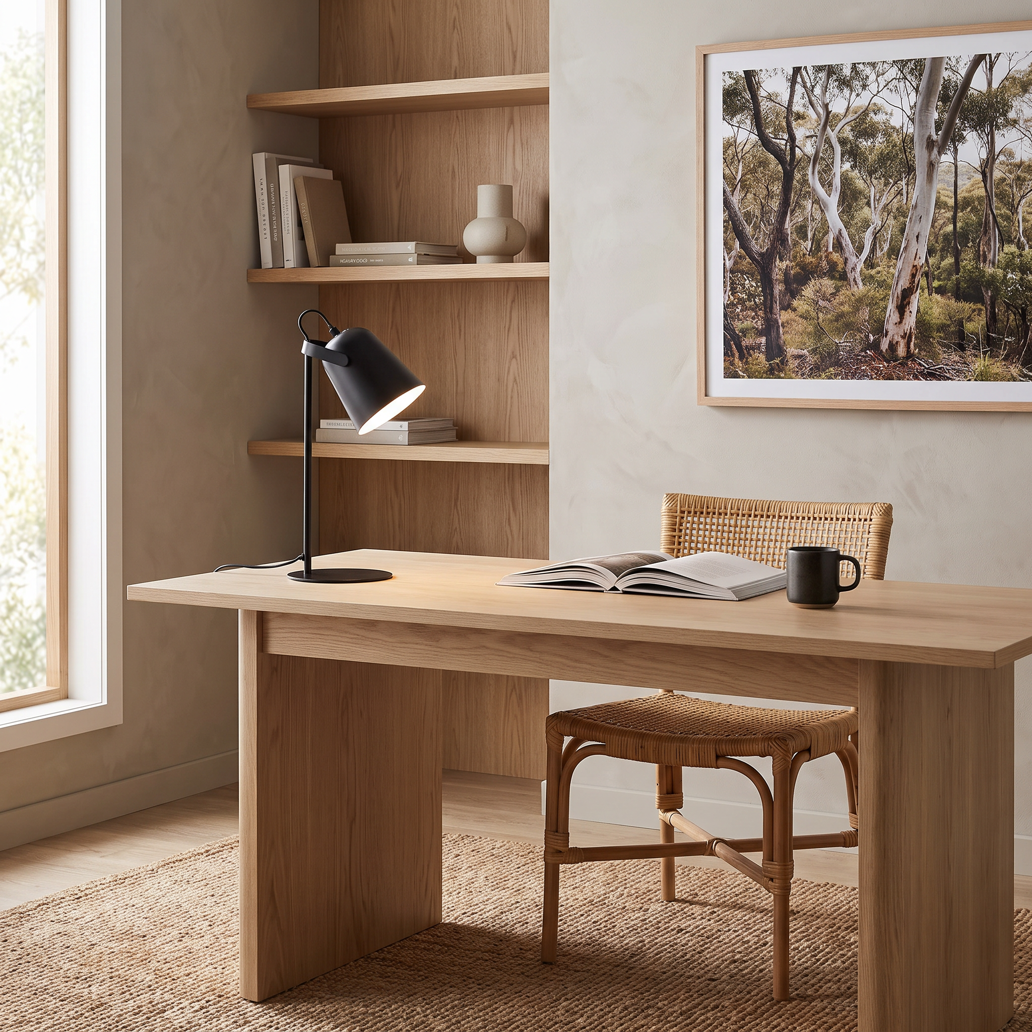 Hossegor macaron table lamp in black on an oak desk in a Scandinavian home office