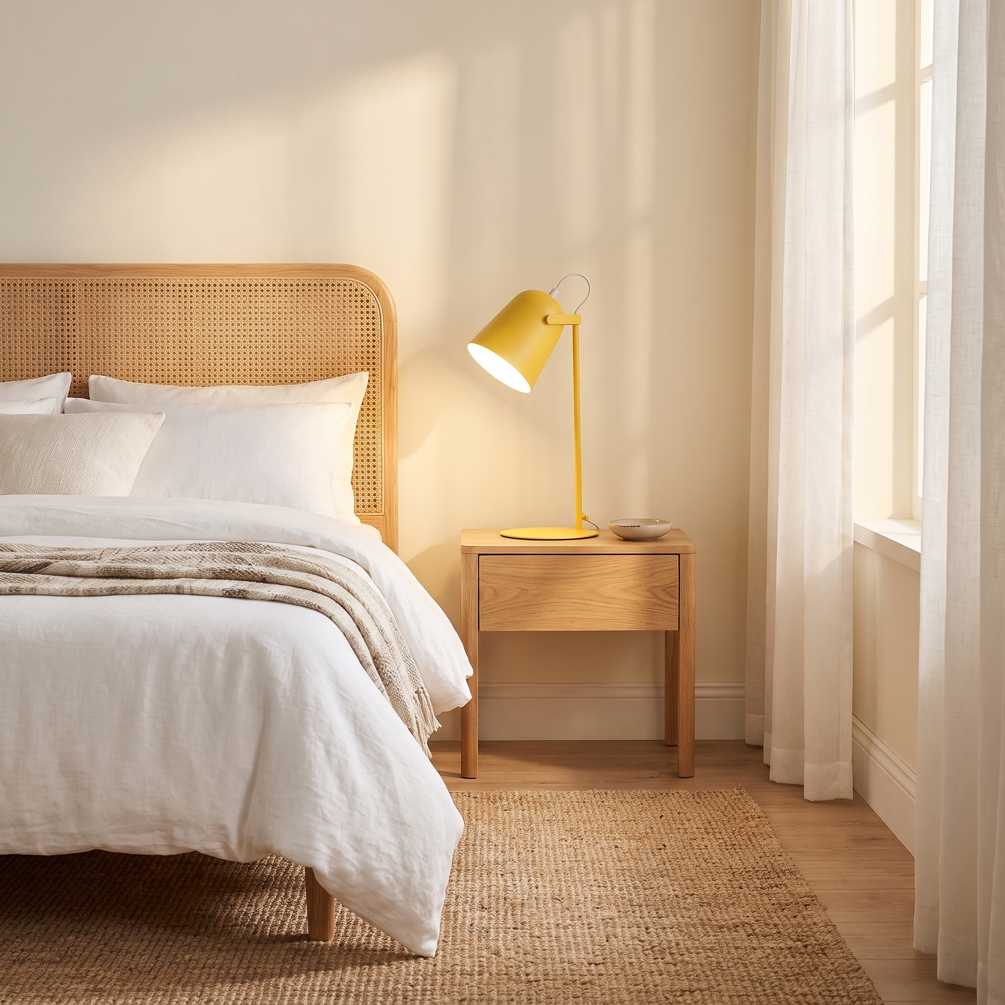Hossegor macaron table lamp on an oak bedside in a coastal bedroom