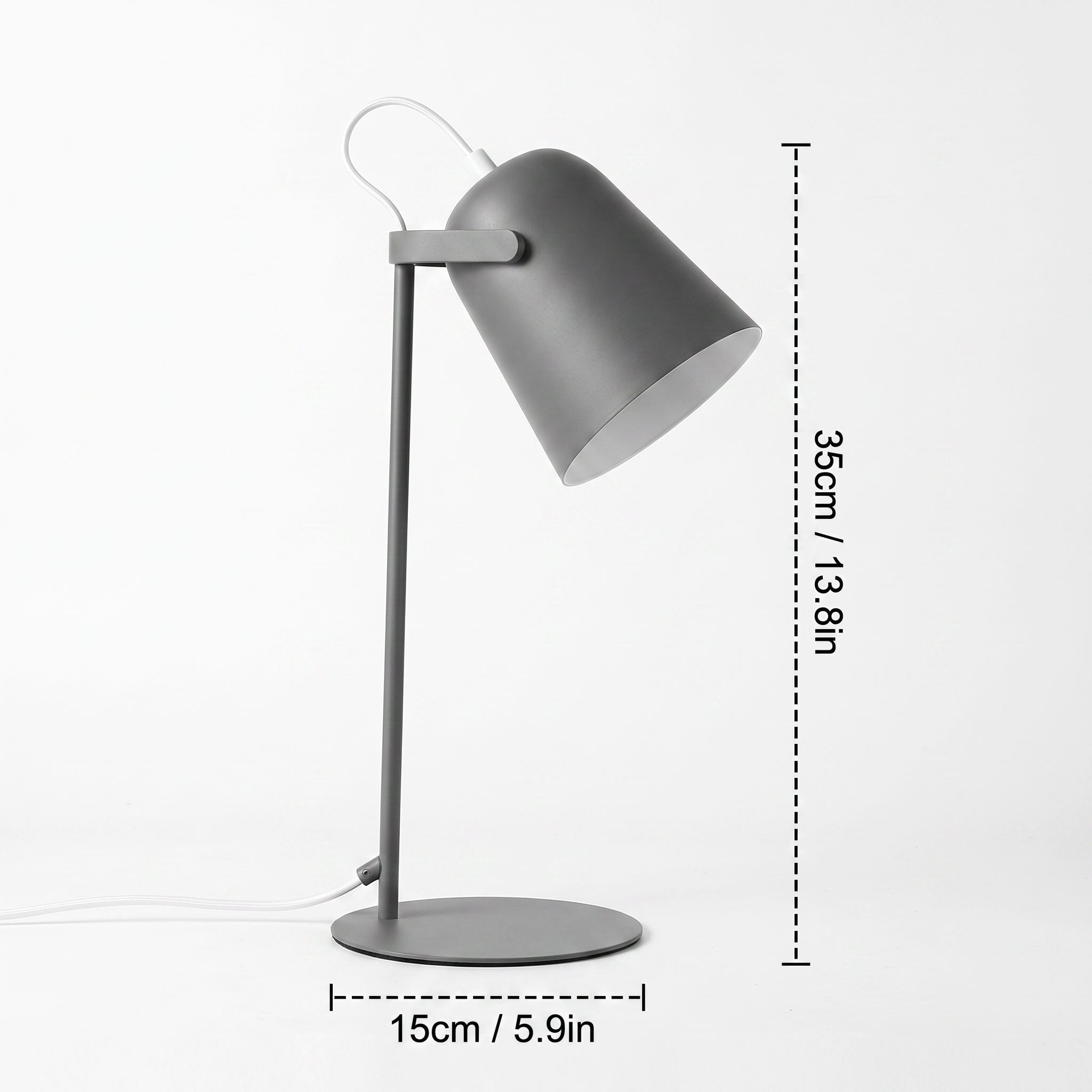 Hossegor macaron table lamp dimensions diagram in black and white, 35cm/13.8in high and 15cm/5.9in base diameter
