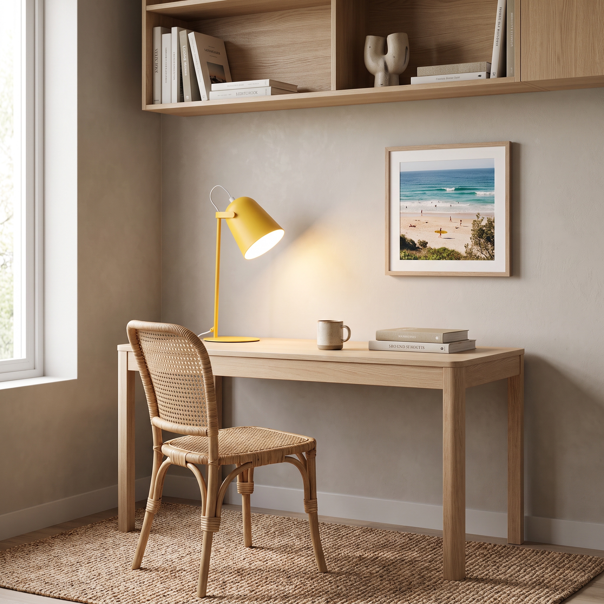 Hossegor macaron table lamp in yellow on an oak desk in a Scandinavian home office